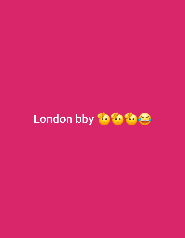 The image is a close-up, eye-level shot of a vibrant pink background. In the lower-middle section of the frame, white text reads "London bby" followed by four emoji figures. The first three emojis are yellow faces with smiling eyes and a blond strand of hair peeking out from the top. The fourth emoji is a yellow face with tears of joy streaming down its cheeks, indicating laughter. The scene is static, with no discernible action or interaction taking place. The environment appears to be a plain, solid-colored surface, with no visible details of a city, a specific location like Egbagu, Nigeria, or any other contextual elements.