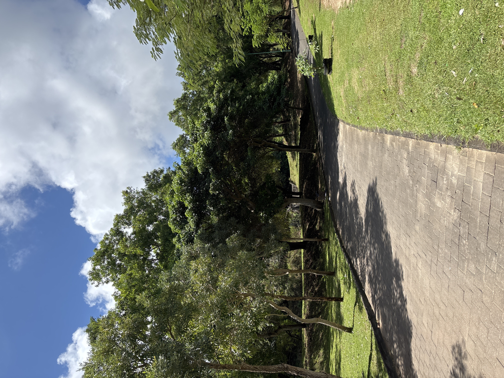 The image depicts a park in Kuta Selatan, Indonesia. A paved pathway runs along the right side of the frame, with well-maintained grass bordering it. To the left, trees line the path, casting shadows onto the pavement. The sky is visible on the left side, showing a mix of blue and white clouds. There are no people visible in the frame.