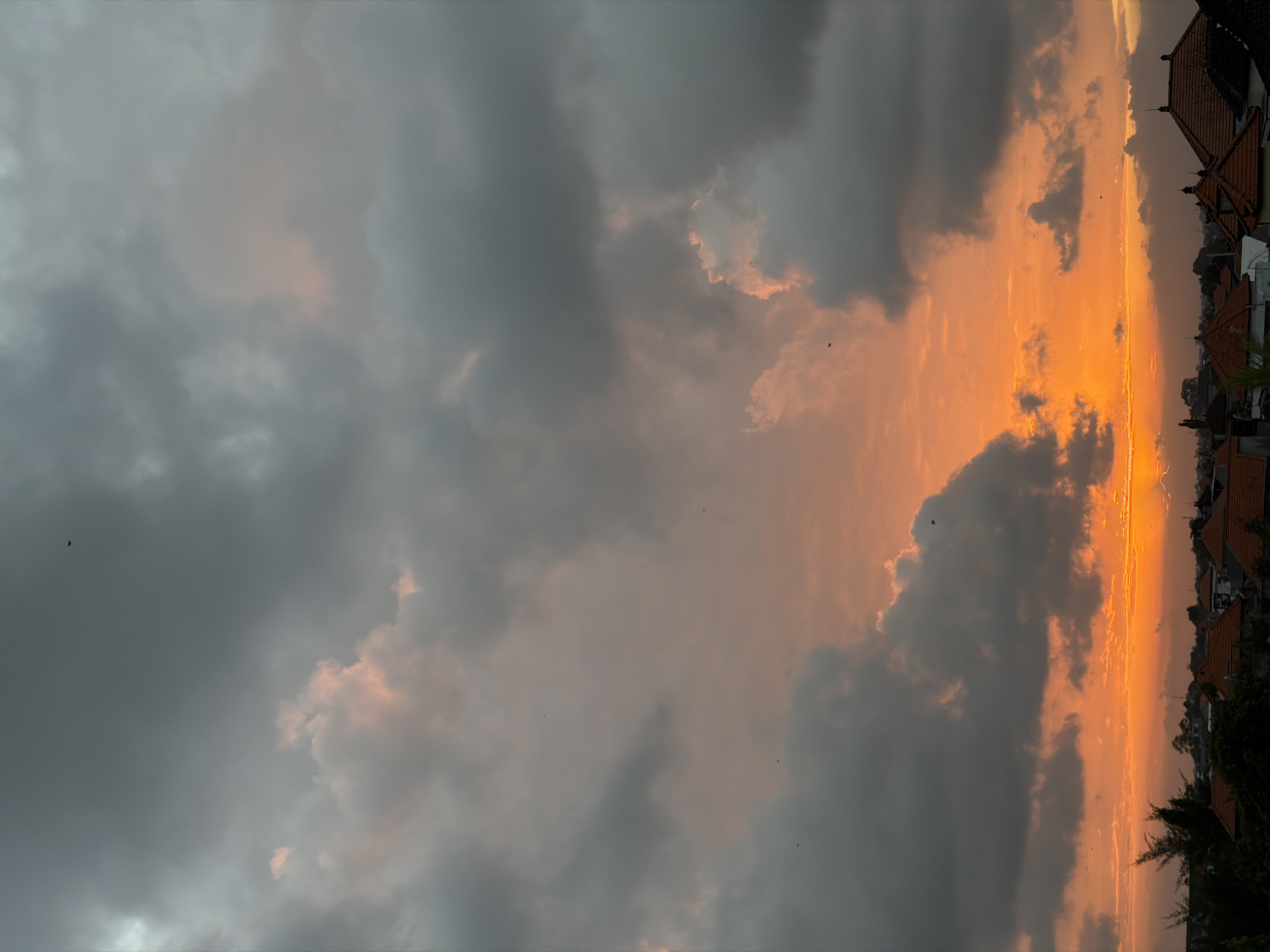 A photograph captures the sky above North Kuta, Indonesia, at sunset. The horizon is dominated by a vibrant orange glow, characteristic of a setting sun. Dark, heavy clouds fill the upper portion of the frame, contrasting with the warm hues of the sky below. Scattered throughout the sky are several small, dark shapes that appear to be birds in flight. The lower section of the image shows the rooftops of buildings, some with distinctive terracotta tiles, and the dark silhouettes of trees, indicating an urban or semi-urban setting. The scene conveys a sense of calm and natural beauty as day transitions into night.