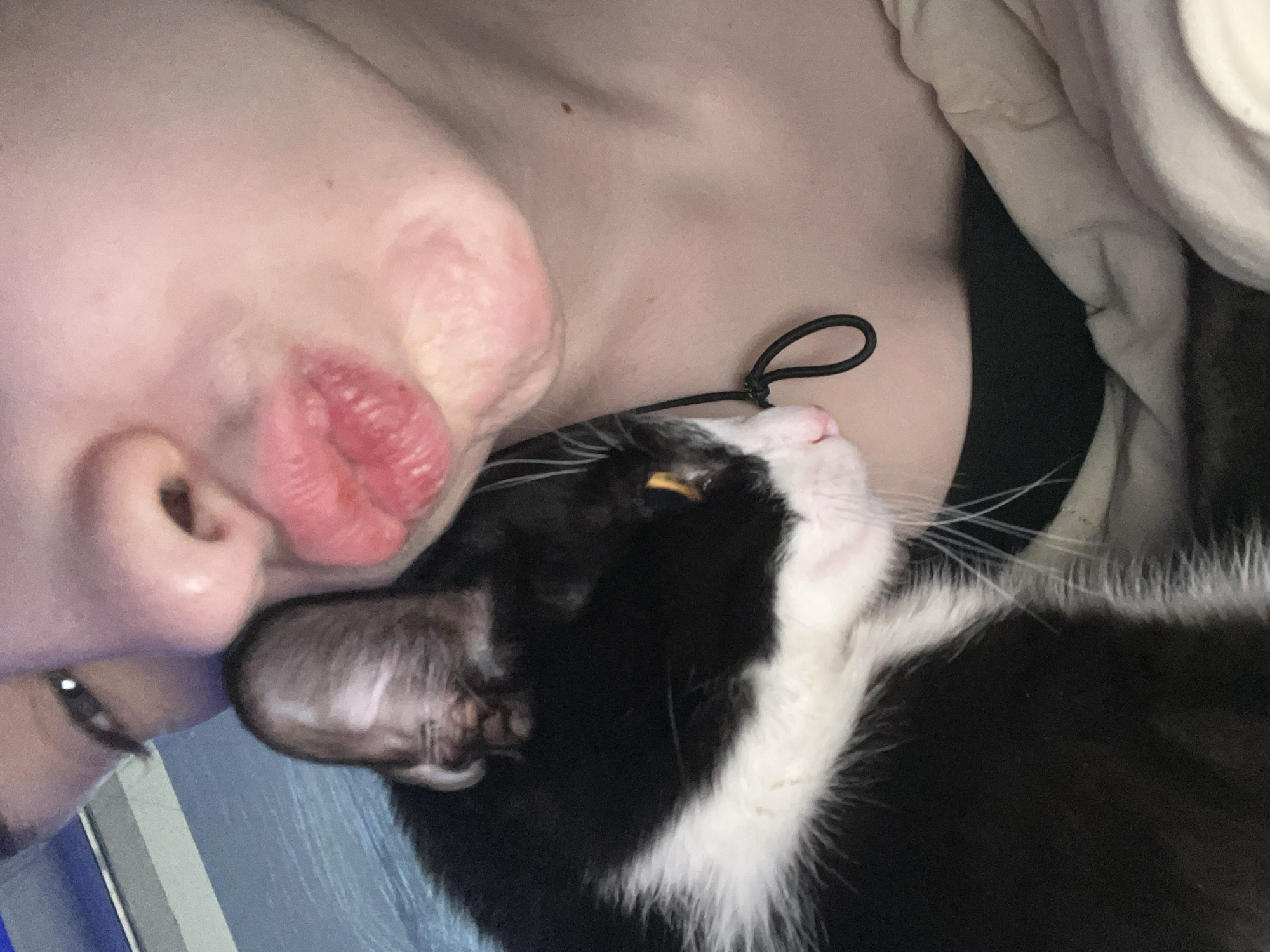A person and a cat are lying down next to each other. The person is positioned on their side, with their face very close to the camera. The cat is nestled against the person's neck and upper chest, seemingly in a relaxed position. The cat is black and white. The background is blurred. The location is not discernible.