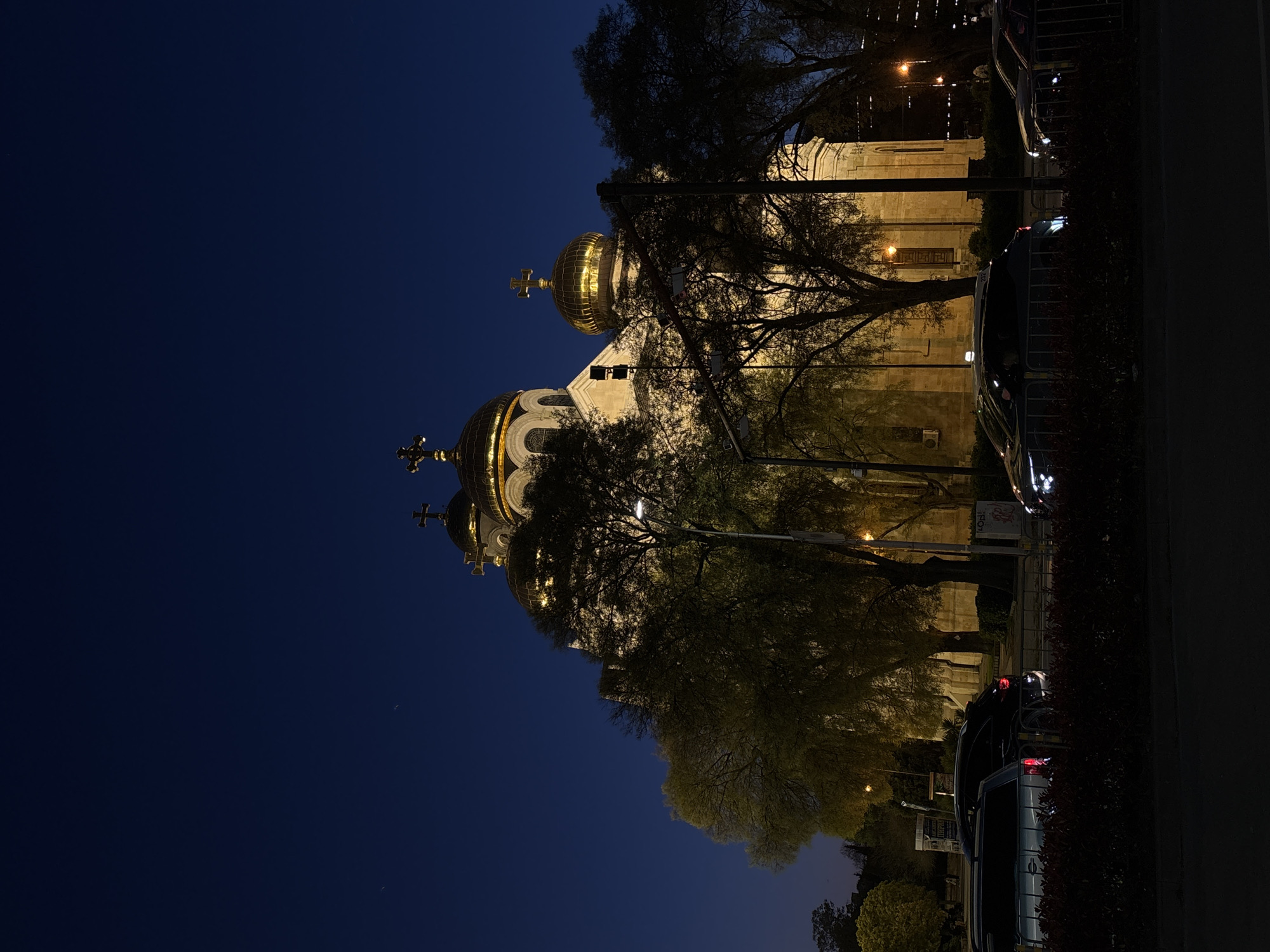 The image shows the Cathedral of the Assumption of the Virgin in Varna, Bulgaria, at night. The cathedral, lit up, features golden domes topped with crosses. The sky is dark blue. Trees are visible in the foreground, partially obscuring the building. Cars are parked along a street next to a sidewalk with a hedge on one side. Streetlights illuminate the scene.