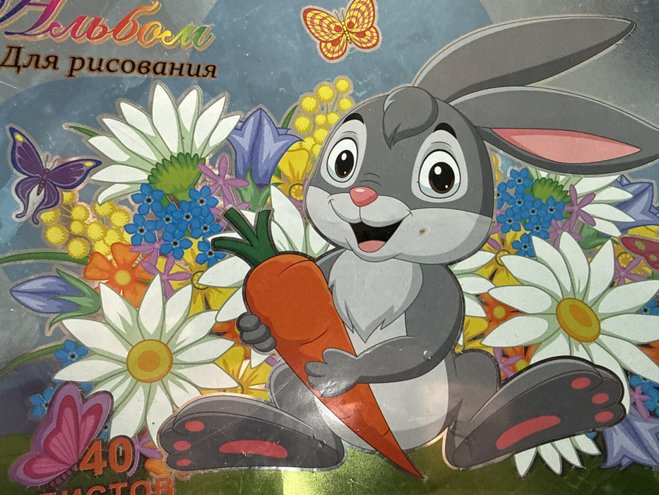 This image displays a brightly colored, digitally rendered illustration, likely from a children's album or activity book, observed in the city of Apnagyugh, Armenia. The central subject is a cartoon grey rabbit, depicted lying on its back, holding an orange carrot with green foliage in its paws above its head. The rabbit features large black eyes with white pupils, a pink nose, and an open-mouthed expression revealing a small pink tongue. Its long grey ears contain pink interiors, and its paws have black pads with red accents. The background consists of a dense, multi-colored floral arrangement, including large white daisies with yellow centers, blue forget-me-nots, yellow clusters resembling mimosa, orange flowers, and purple bell-shaped flowers. Two butterflies are also present: a larger purple one in the upper right quadrant and a smaller yellow-orange one in the lower right. Cyrillic text is visible; "Альбом для рисования" (Album for drawing) is vertically oriented on the right side, and "40 листов" (40 sheets) is partially visible on the left side. The image itself is a photograph of a physical object, exhibiting surface reflections and minor indentations on the rabbit's face.