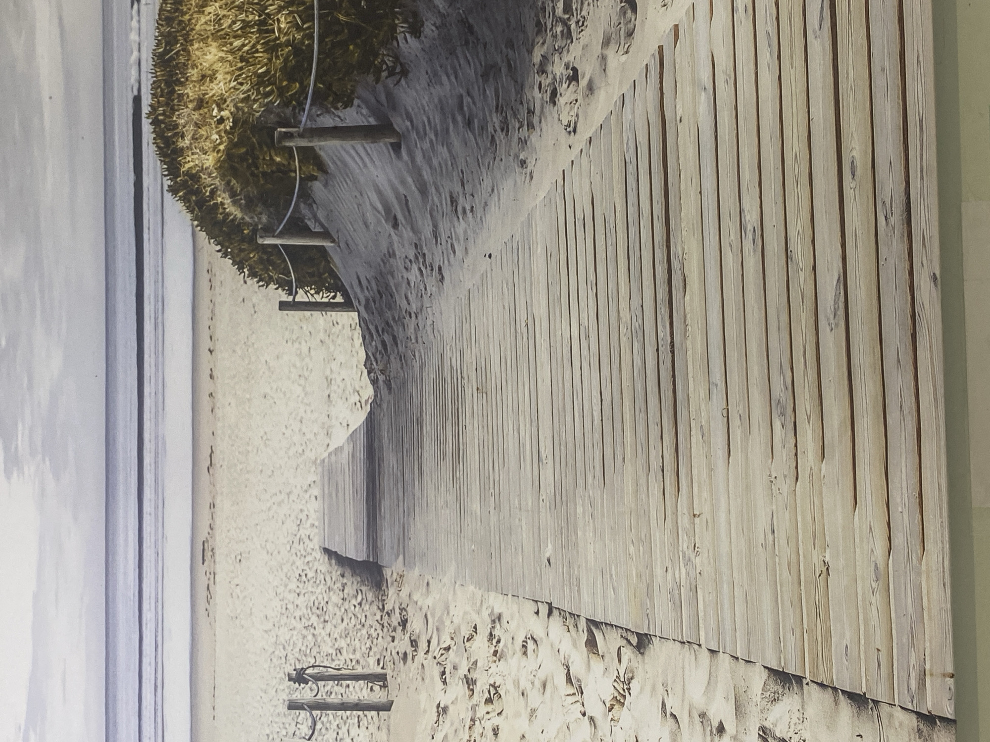 The image depicts a wooden boardwalk leading to a sandy beach and the ocean. The boardwalk is made of weathered wooden planks and is flanked by sand dunes covered with dry, yellowish vegetation. Two wooden posts with ropes are visible on either side of the boardwalk, marking the entrance to the beach. In the background, the ocean stretches to the horizon under a cloudy sky. The scene is an outdoor environment, likely a coastal area. The image does not show any people or specific city landmarks, and therefore cannot be specifically located in Rozhny, Ukraine.