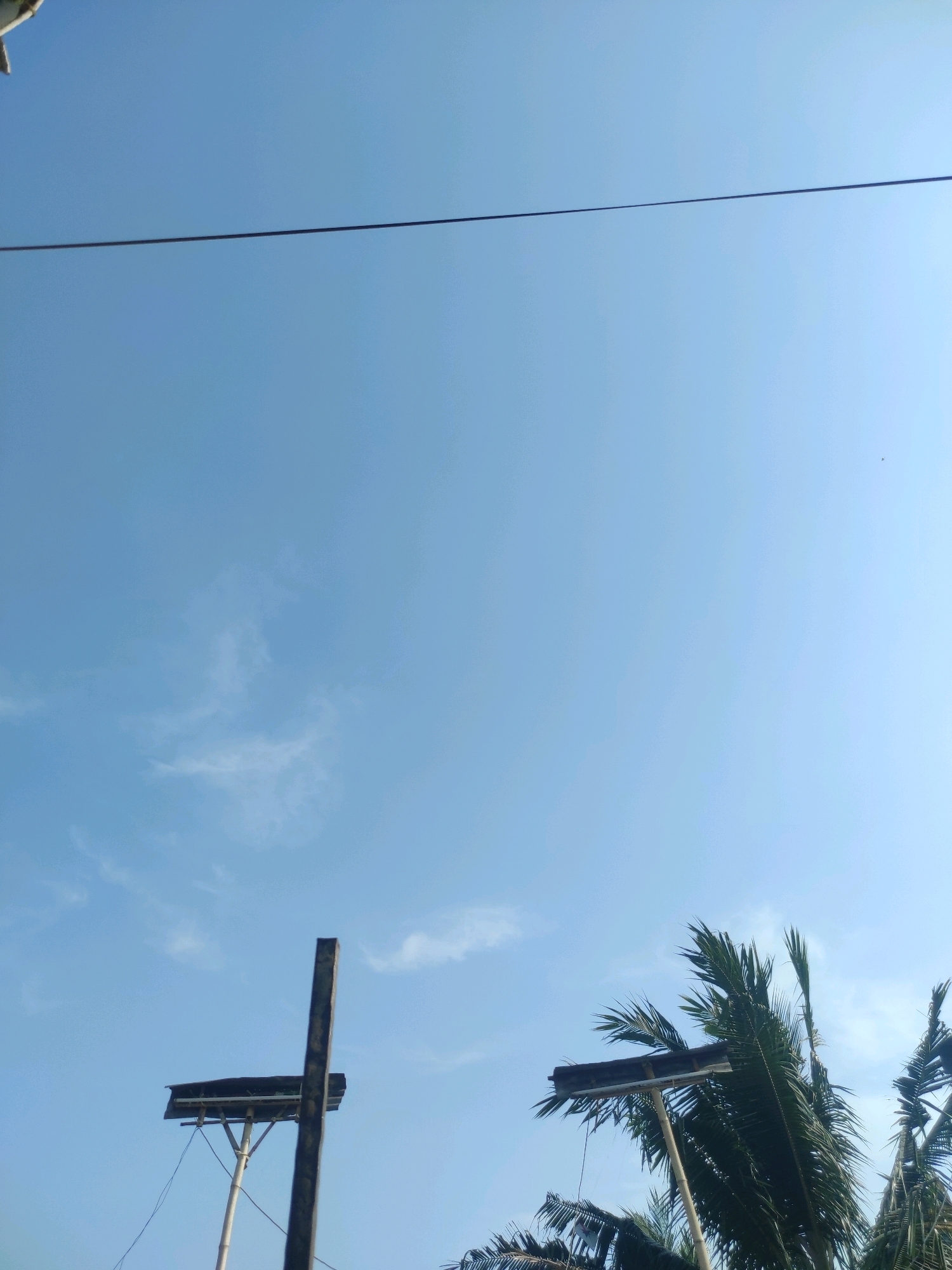 The image shows a clear blue sky above a few man-made structures and palm trees. In the foreground, there are two vertical poles that appear to be part of a communication tower or similar structure. One pole, on the left, has a horizontal platform mounted on it, possibly for equipment or nesting. To the right of this structure, another vertical pole is visible. Palm trees with their characteristic fronds are seen on the right side of the image, partially obscuring the sky. A thin, dark line, likely a power line, stretches across the top of the frame. The scene suggests an outdoor, possibly rural or semi-urban environment in Padalarang, Indonesia, under a bright, sunny sky.