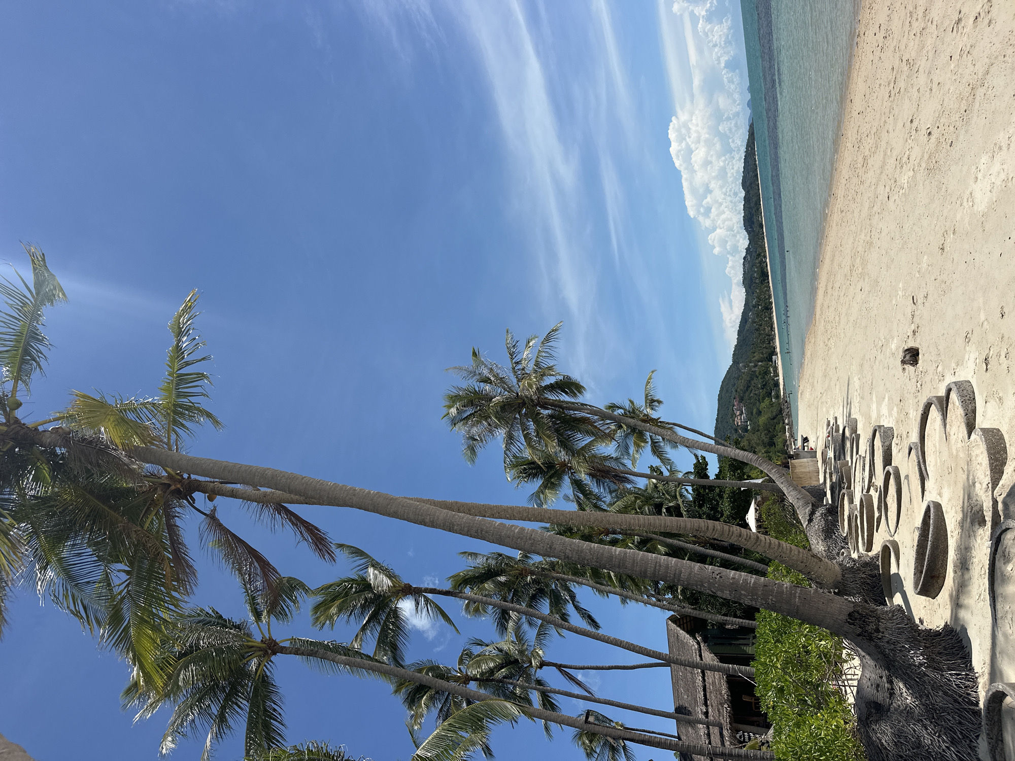 This image depicts a tropical beach scene in Baan Tai, Thailand. In the foreground, several mature palm trees lean towards the sand, their fronds rustling under a clear blue sky with wispy white clouds. The beach is sandy, with a row of large, circular, concrete objects embedded in the sand, possibly remnants of old structures or decorative elements.
To the left, a rustic building with a thatched roof and wooden walls is partially visible, surrounded by lush green foliage. Further down the beach, the turquoise ocean stretches out, meeting a distant, green, hilly coastline dotted with buildings. A few small figures can be seen in the water and on the beach in the distance, suggesting a sparsely populated area. The overall impression is one of a tranquil, scenic beach setting.
