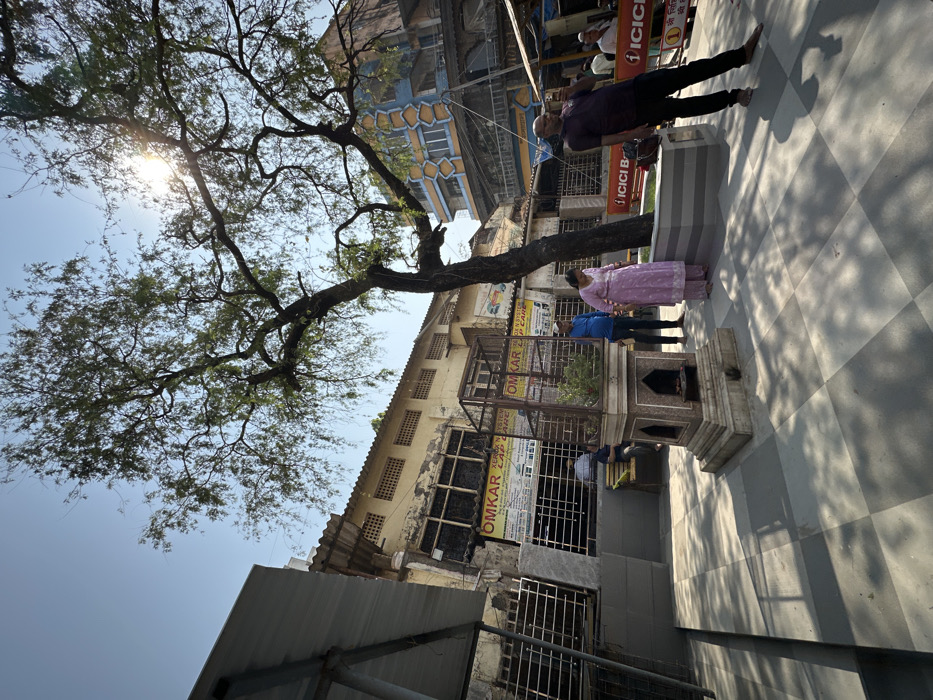 A street scene under a tree, sunlight dappling through the leaves. Several people stand nearby, including a person in a purple shirt. Behind them, there is a stone structure with a cage, possibly a small shrine. The buildings behind are multi-storied, with an ICICI Bank sign visible. The pavement is patterned with alternating gray and white squares.