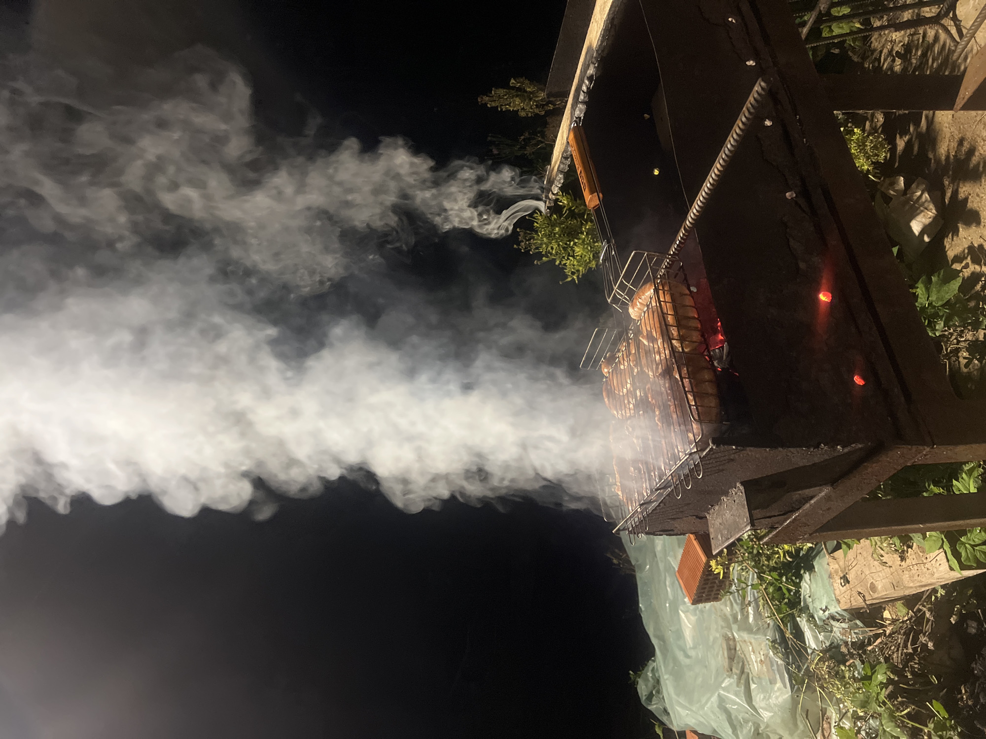 An outdoor, night-time, medium-shot image shows a grill with food cooking over glowing embers. A large plume of white smoke billows upwards into the dark sky. The grill is made of dark metal and has a wire rack laden with sausages and other meats. To the left of the grill, a large roll of clear plastic sheeting is visible, along with some bricks and overgrown green foliage. To the right of the grill, a small evergreen bush and a thin tree are illuminated by the light from the grill. The scene is set in an outdoor, possibly rural, environment, given the presence of foliage and the utilitarian nature of the grill. The overall impression is one of a casual, late-evening barbecue.