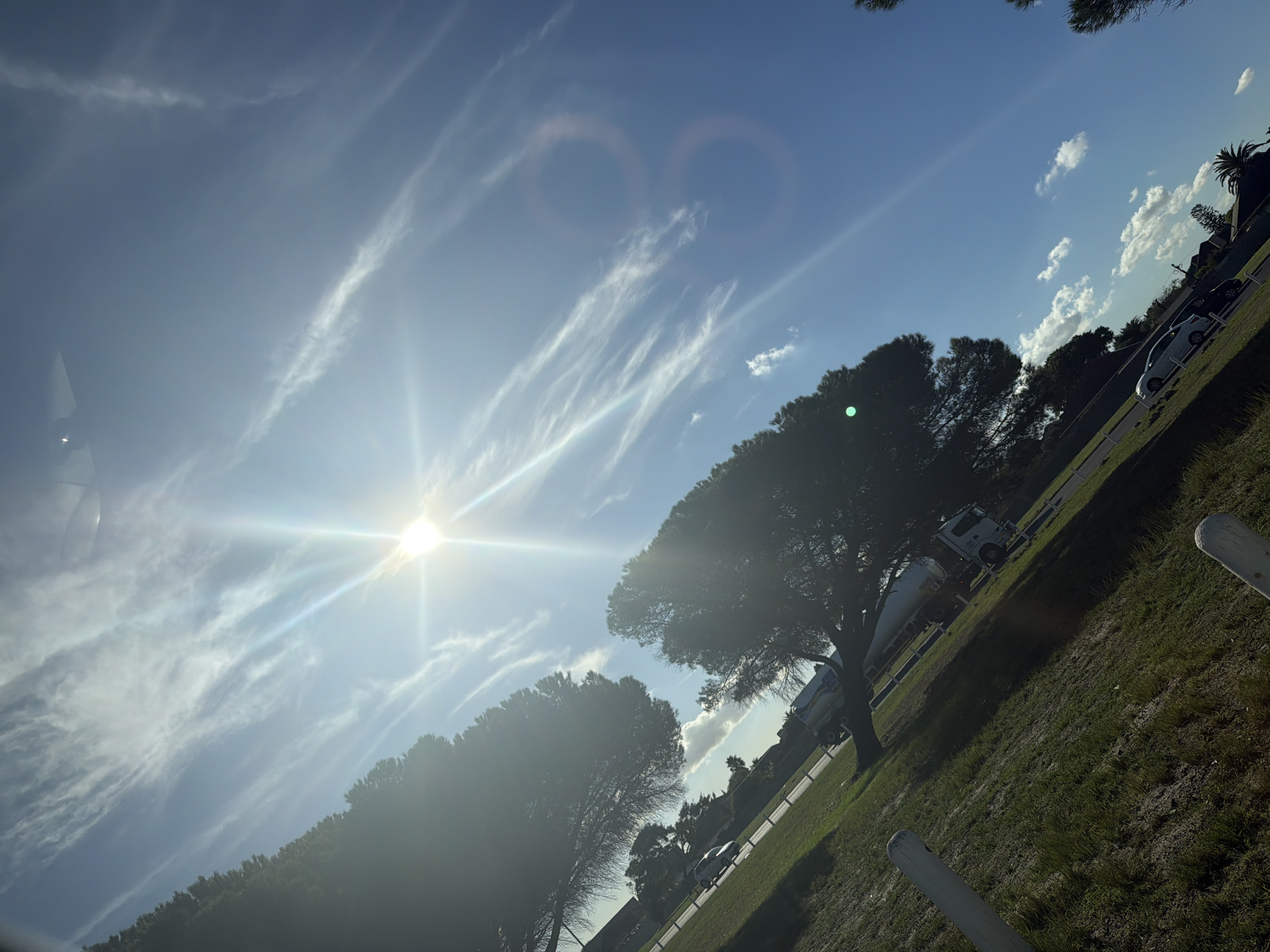 This image captures a bright, sunny outdoor scene, likely during the early morning or late afternoon, in Goodwood, South Africa. The sun is a dominant feature, positioned in the upper left quadrant, emitting strong rays and creating noticeable circular lens flares across the vibrant blue sky. Wispy, streaky white clouds are scattered across the upper sky, adding texture to the otherwise clear conditions.
Several large, dark trees, possibly evergreens or pine-like species, are silhouetted against the bright sky, occupying the lower half of the frame. Below these trees, a paved area, likely a road or parking lot, is visible. Parked or driving in the background are a white car and a large white tanker truck. The lower right foreground shows a strip of lush green grass, bordered by two distinct white posts or bollards.
The scene appears tranquil with no specific human activity taking place. The strong sunlight and clear weather suggest a pleasant day. No discernible text is clearly legible on any objects within the image.