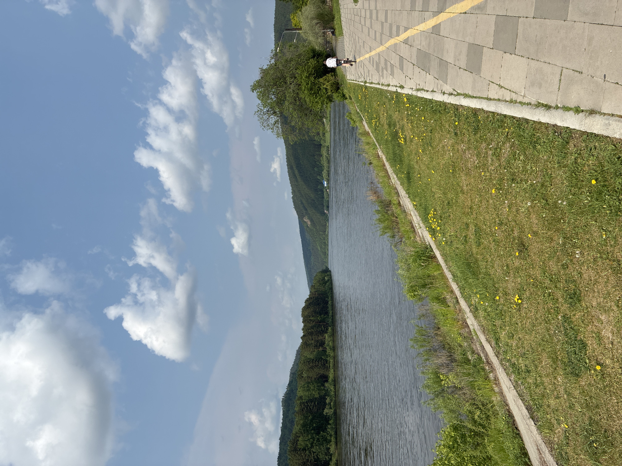 The image depicts a scenic view of a wide river, with lush green hills covered in dense trees lining its banks in the distance. A paved walkway, marked with a yellow line, runs along the right side of the frame, adjacent to a grassy area dotted with small yellow wildflowers. A lone person is seen cycling away from the camera on the walkway. The sky above is a clear blue, punctuated by scattered white clouds. The overall scene suggests a tranquil outdoor setting, likely a park or recreational area by a river.