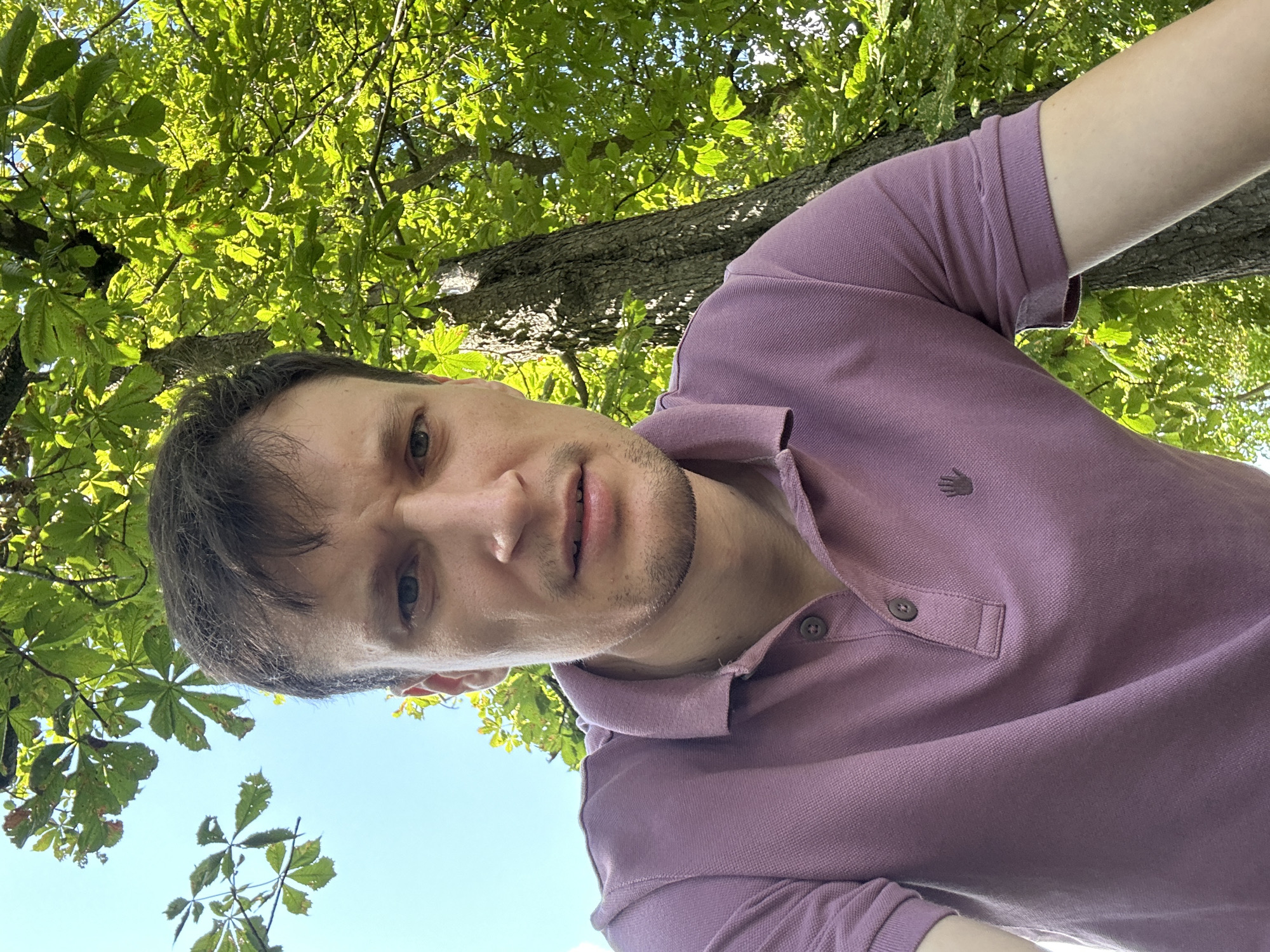 A man, appearing to be in his late 20s or early 30s, is captured in a close-up, low-angle selfie. He has short, dark brown hair and fair skin, with visible stubble on his face and a slight furrow in his brow. His eyes are blue-gray and he is looking directly at the camera. He is wearing a short-sleeved, collared polo shirt in a muted mauve color. The shirt has two dark buttons at the collar and a small, dark emblem on the left side of the chest, resembling a hand.
The man is positioned outdoors, with a clear blue sky visible above and to the left of his head. A large tree with textured bark is to his right, and dense green foliage, characteristic of a deciduous tree such as a chestnut, surrounds him, dappled with sunlight. The image gives the impression of the man being situated at the base of this tree, looking upwards. The background foliage suggests a natural environment, possibly a park or wooded area within or on the outskirts of Makiv, Ukraine. The lighting indicates it is daytime, likely morning or afternoon, with the sun casting shadows and highlighting the leaves. There are no other individuals or objects of note in the frame.