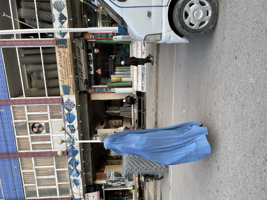 The image displays a commercial street scene in Kandahar, Afghanistan, under overcast conditions. In the immediate foreground, a person dressed in a floor-length, pleated blue burqa walks left on a gray asphalt road. To the right, the front-right section of a white utility van, including its headlight, bumper, and wheel, is visible, suggesting it is parked or moving slowly.
The midground features a sidewalk fronting multi-story buildings with ground-level shops. A tall street light post with three spherical light fixtures stands centrally on the sidewalk. Two male individuals are present on the sidewalk: one walks left, wearing dark attire and a white skullcap; another is seated on a low bench or ledge outside a shop, also in dark clothing and a white skullcap.
The shop "Al-Bakht Iron & Steel Ltd." (البخت د آهَن آلاتوشرکت), identifiable by its signage, prominently displays rolls of shiny metal sheets in gold, silver, and green through its glass storefront. Adjacent shops exhibit large rolls of chain-link fencing and various hardware. A motorcycle is partially visible, parked on the sidewalk to the left, partially obscured by wire fencing. The building facades above the shops are decorated with blue and reddish-brown tiled or patterned sections, featuring multi-paned windows on the upper floors. An exhaust fan is installed within one of the upper-story windows.