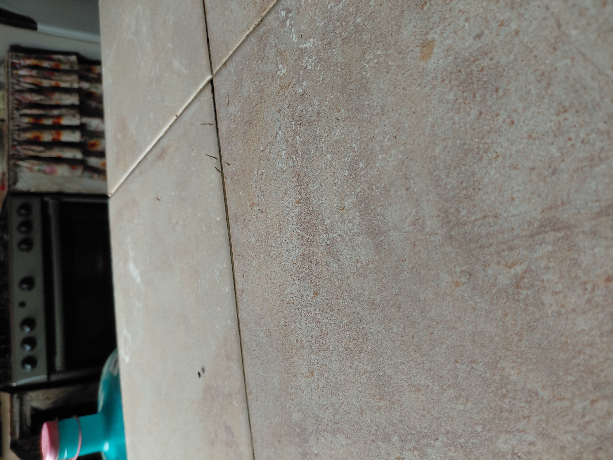 The image captures a close-up, angled view of light-colored ceramic tiles, likely on a wall, in what appears to be an indoor setting in Santa Ana, Venezuela. The tiles are a speckled beige or light brown, featuring an irregular, textured pattern that mimics natural stone, with variations in white and reddish-brown tones. Dark, thin grout lines separate the tiles, and some small, dark specks, possibly dust or debris, are visible along these lines and on the tile surfaces.
In the blurred background on the left, several household objects are partially visible. Towards the top, a stack of items covered with a floral or abstract patterned fabric, displaying muted colors like red, orange, and green on a light background, can be seen. Below this, a portion of a kitchen appliance, possibly a stove or oven, with several dark, circular control knobs, is discernible. Further down, a vibrant light blue bottle with a pink cap is visible, partially obscured by the foreground tile. No specific activity or event is taking place; the image is a static shot of the domestic environment. There is no visible text.