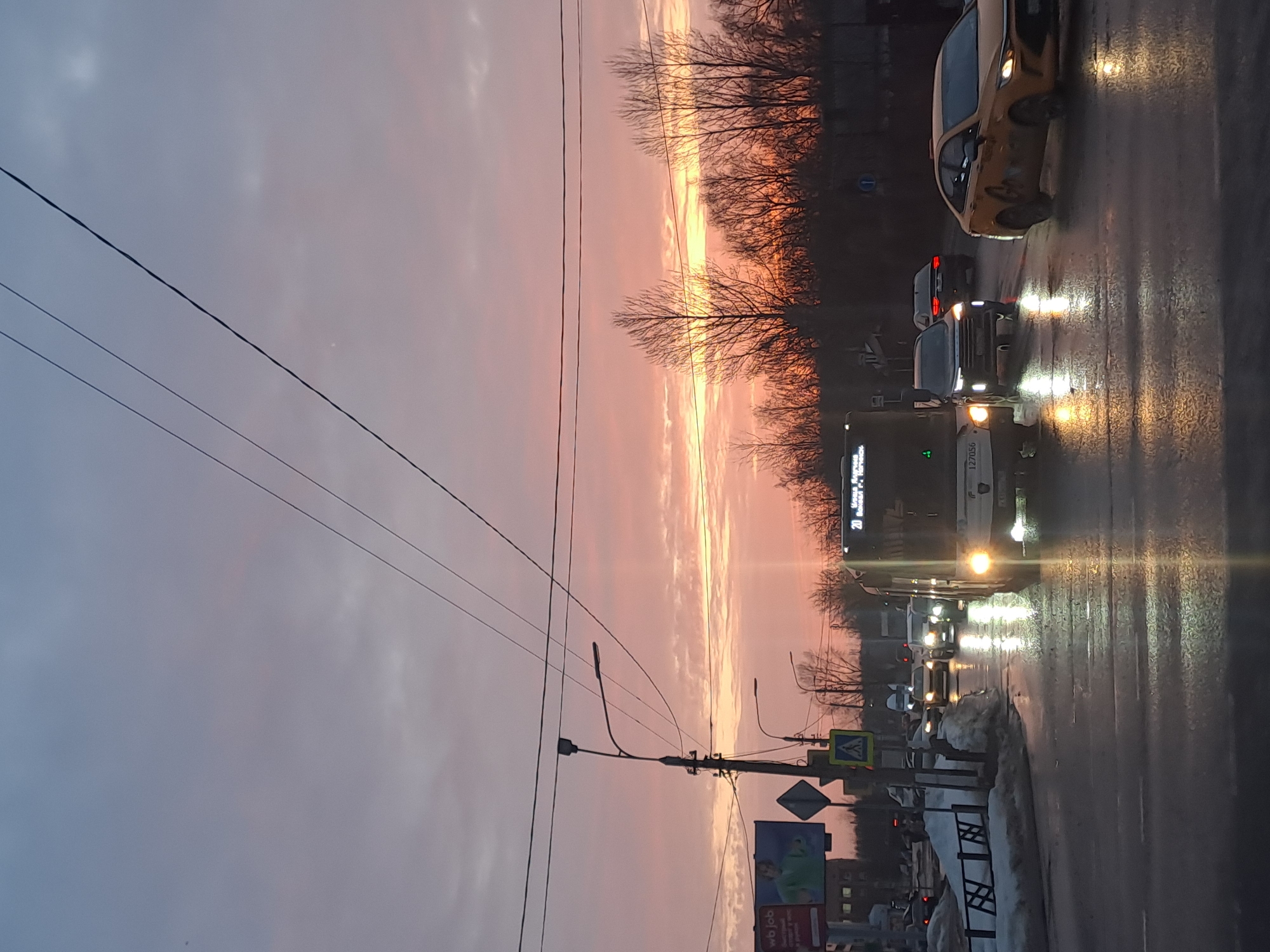The image depicts a street scene at dusk or dawn in Elektrostal, Russia, under a sky with prominent pink, purple, and orange hues and scattered clouds. Overhead, multiple power lines traverse the upper portion of the frame. The wet asphalt road, reflecting vehicle lights, suggests recent precipitation or snowmelt. On the left side of the road, patches of melting snow and slush are visible alongside a metal barrier. A tall street lamp pole with multiple luminaires and a complex web of wires stands prominently on the left. Below it, a large billboard with Cyrillic text and "wb job" is visible, along with a blue and white pedestrian crossing sign.
In the mid-ground, multiple vehicles are present. A light-colored public transit bus, displaying route number "20" and Cyrillic text including "Улица Акулова" (Akulova Street) and "Вокзал" (Station), occupies the center-left, facing slightly towards the viewer with its bright headlights illuminated. Its license plate "127056" is visible. Behind and to the left of the bus, a dark SUV with illuminated headlights is partially visible. To the right of the bus, a yellow sedan, identifiable as a Yandex Go taxi by the "GO" logo on its side, is in motion, also with headlights on. Further down the road, additional vehicles with illuminated headlights are discernible in a line of traffic. The right side of the frame features a line of bare deciduous trees silhouetted against the colorful sky, beyond which industrial or urban structures are faintly visible. No people are clearly identifiable in the scene.