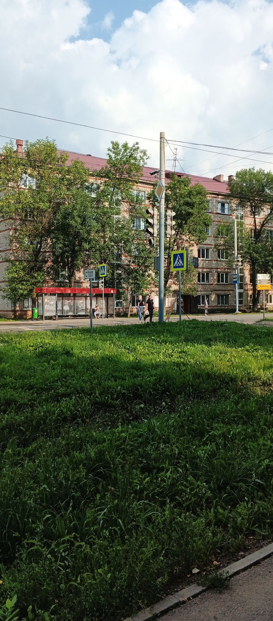 This image shows a street scene in Izhevsk, Russia. The foreground is dominated by a patch of tall, green grass. In the mid-ground, there is a bus stop with a red roof and glass panels. Several people are visible at the bus stop, some seated and others standing. Across the street from the bus stop is a multi-story brick building with many windows. A traffic light, a pedestrian crossing sign, and a "Stop" sign are also present. Trees line the street in front of the building. The sky above is partly cloudy.