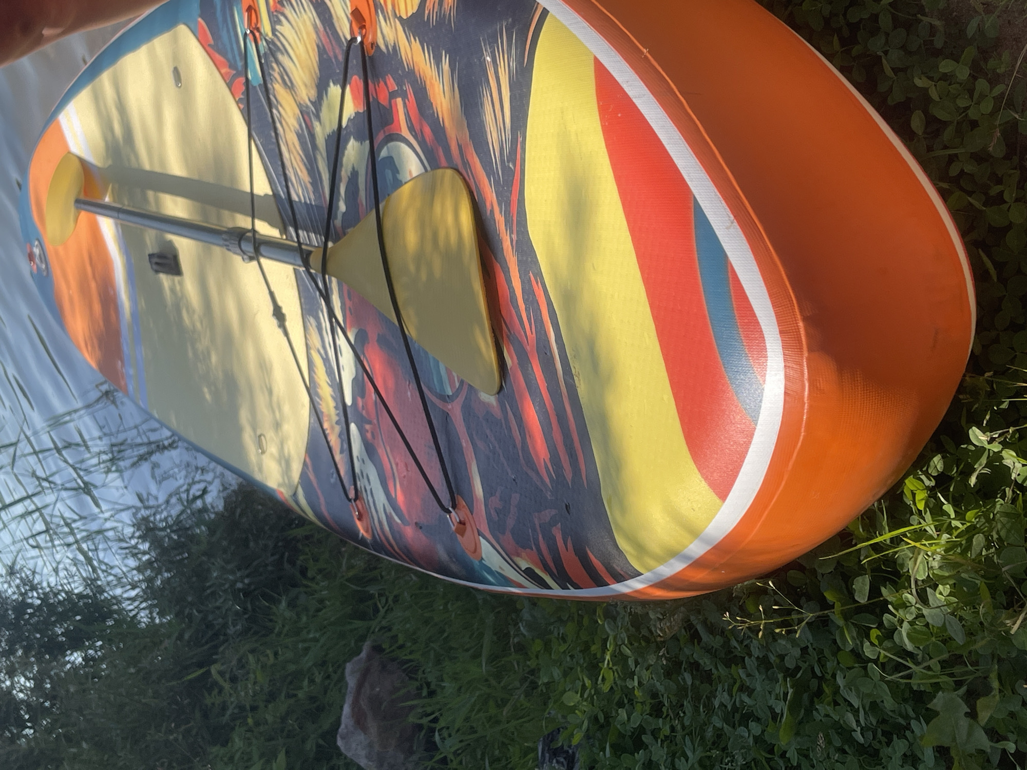 An elevated shot shows a stand-up paddleboard resting on its side on the shore, partially submerged in shallow water. The paddleboard features a vibrant, abstract graphic design in shades of orange, yellow, red, and black, with a yellow paddle resting on its surface. The paddleboard is situated on a grassy bank with green clover and a large rock visible on the left. The water is calm, reflecting the surrounding vegetation. The scene appears to be a natural setting near the city of Rybkhoz, Russia, suggesting a recreational activity.