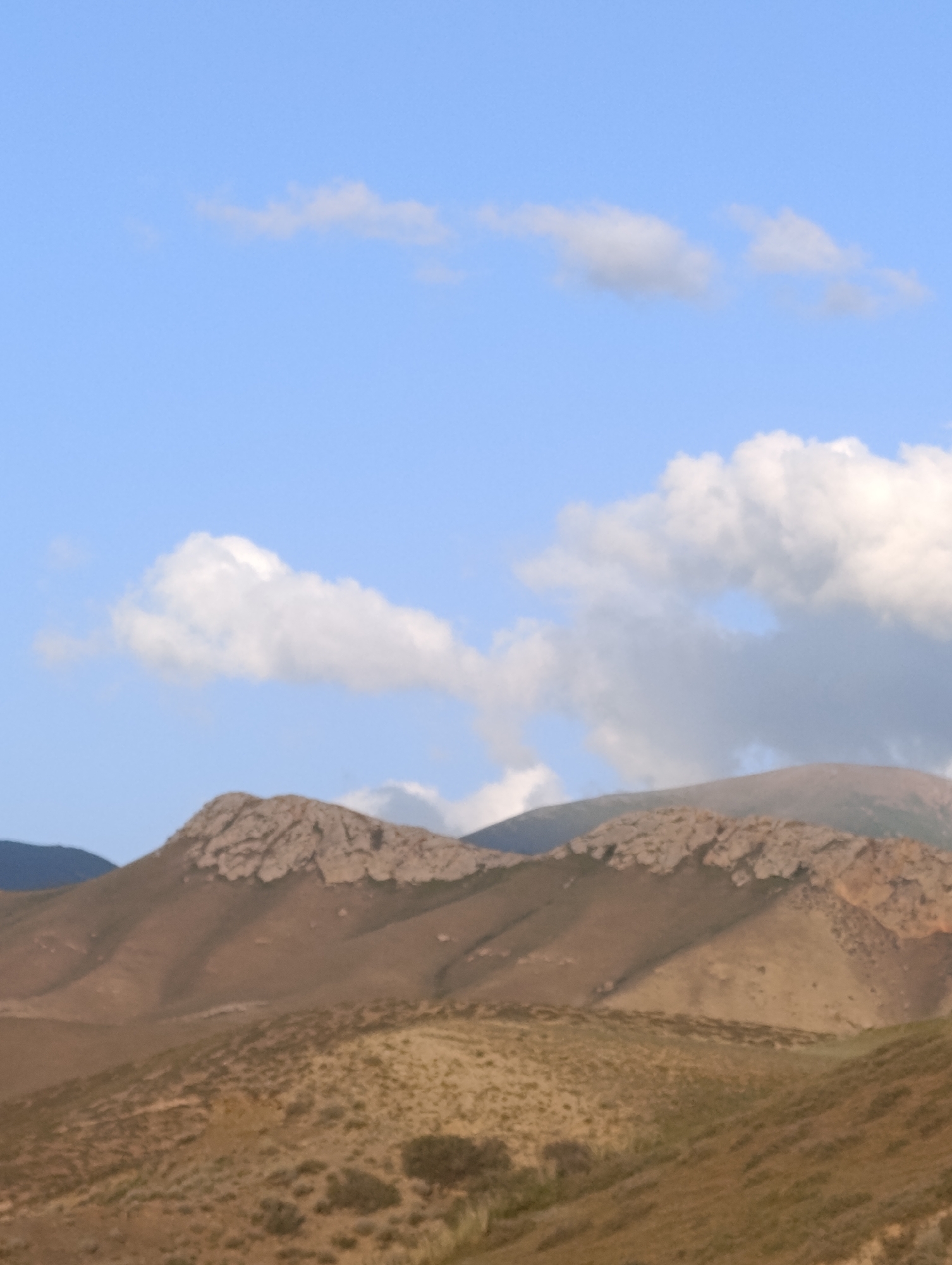 The image shows a vast, arid mountain landscape under a clear blue sky with scattered white clouds. The foreground is dominated by rolling hills covered in dry, sparse vegetation, appearing as shades of brown and tan. In the mid-ground, rugged, rocky mountains rise, their peaks eroded and showing visible striations. The colors are muted, reflecting the dry, natural environment. In the background, further mountain ranges are visible, fading into a hazy distance. This scene is characteristic of the natural beauty found around Naryn City, Kyrgyzstan, a region known for its expansive steppes and imposing mountain ranges.