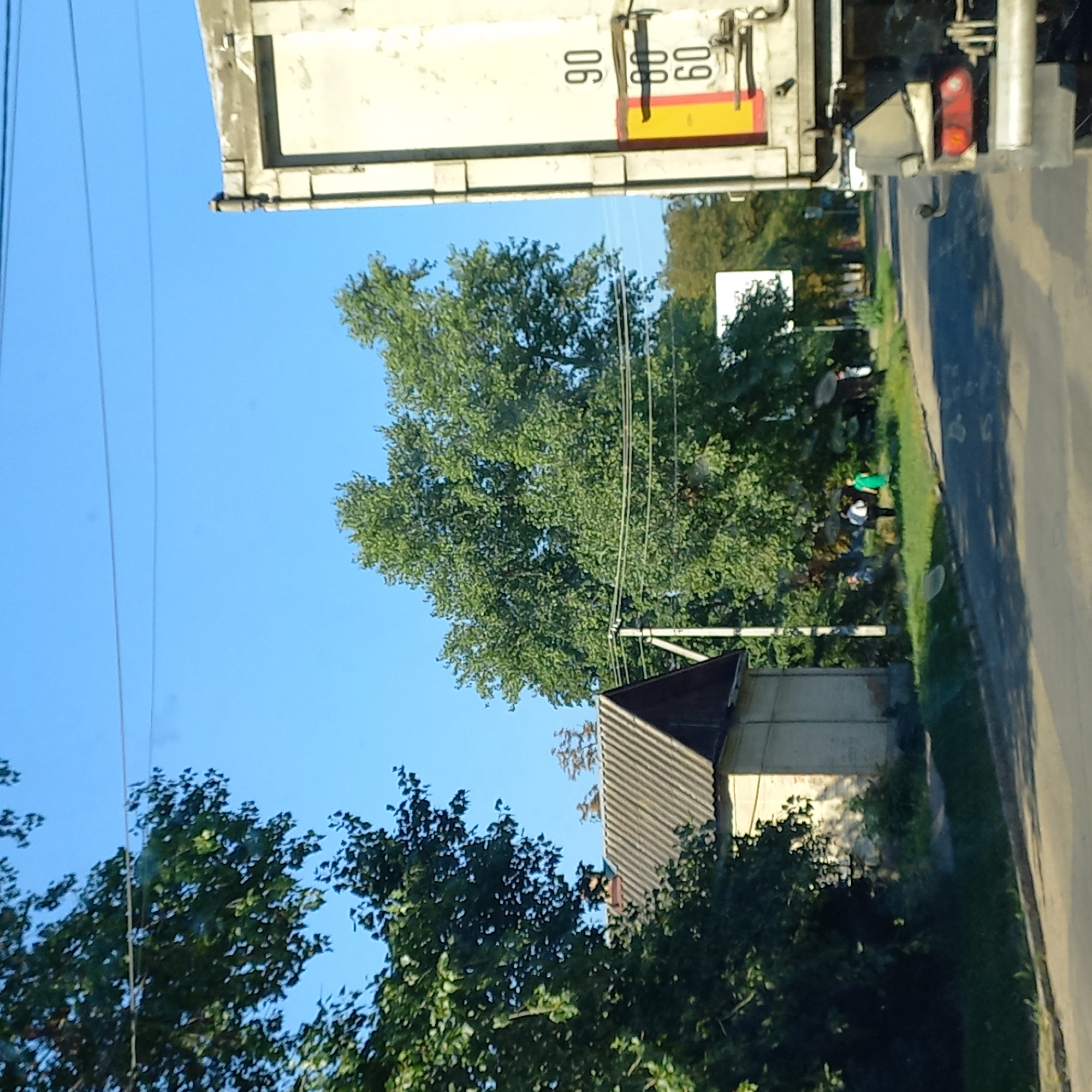 This image depicts a street scene in Kropyvnytskyi, Ukraine. On the right, the rear of a large, white truck is visible, with speed limit indicators showing "90" and "60". To the left of the truck, a street curves slightly away, bordered by a grassy area and trees. Further left, a light-colored building with a dark, corrugated roof is situated. Behind the building, a large, mature tree with dense green foliage dominates the midground. In the distance, more trees line the street. Two figures, one in a white shirt and dark pants, the other in a green dress, are standing on the grassy area near the large tree. The sky is clear and blue.