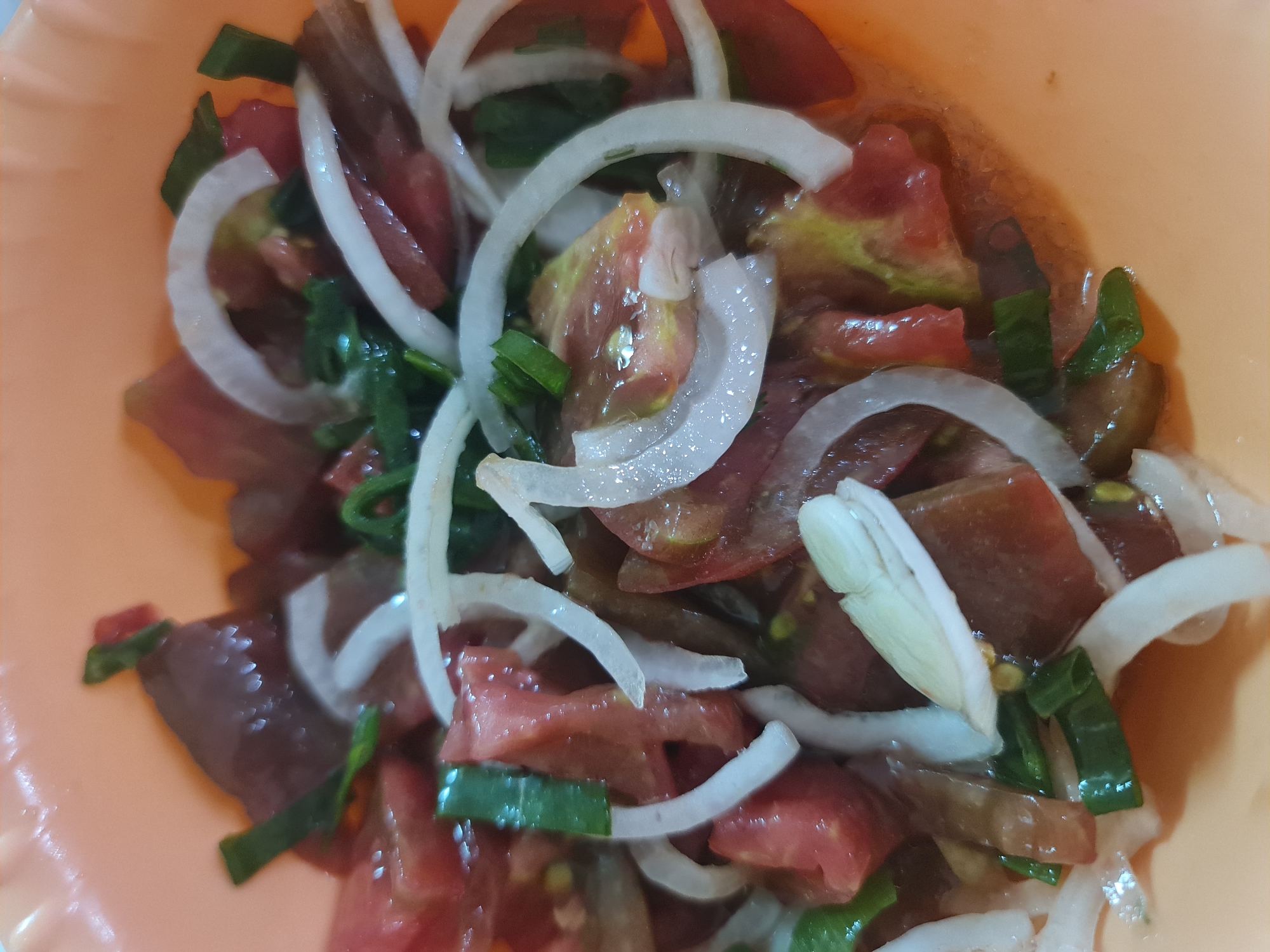 A close-up, overhead shot shows a serving of tomato and onion salad in a light orange bowl. The salad contains chopped red tomatoes, sliced white onions, and chopped green onions or scallions. The ingredients are mixed together and appear to be lightly dressed. The lighting is bright, creating reflections on the wet surfaces of the salad. No specific location in Angarsk, Russia, can be identified from the image.