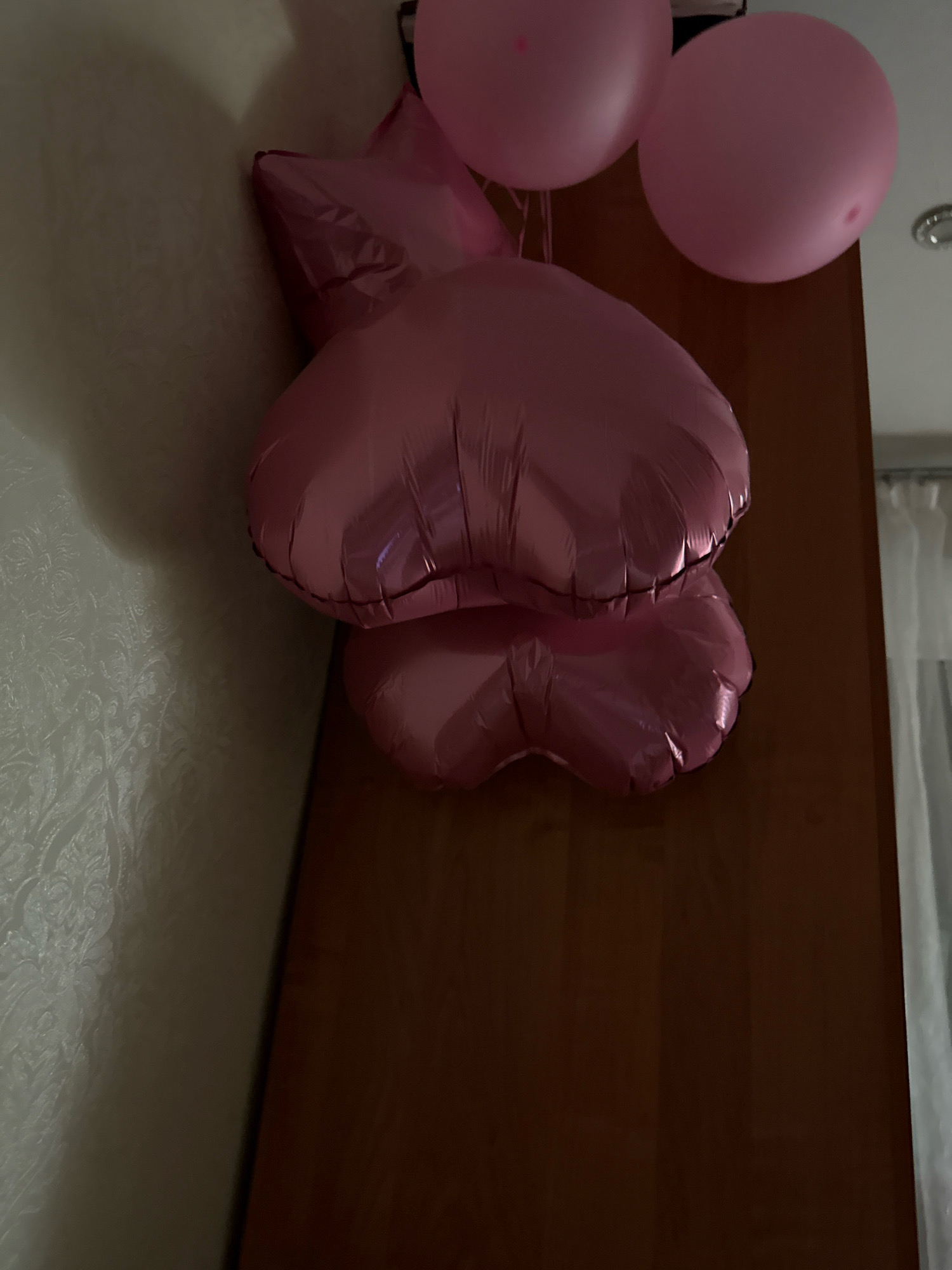 Four pink balloons are displayed. Two are round and inflated, suspended from above. Below these, two heart-shaped balloons are stacked vertically, also inflated. The balloons are positioned in front of a dark brown wooden surface, possibly a door or furniture. To the left of the balloons is a textured, off-white wall with a faint pattern. The scene is dimly lit, casting shadows. There are no people or animals visible. The image was taken indoors.