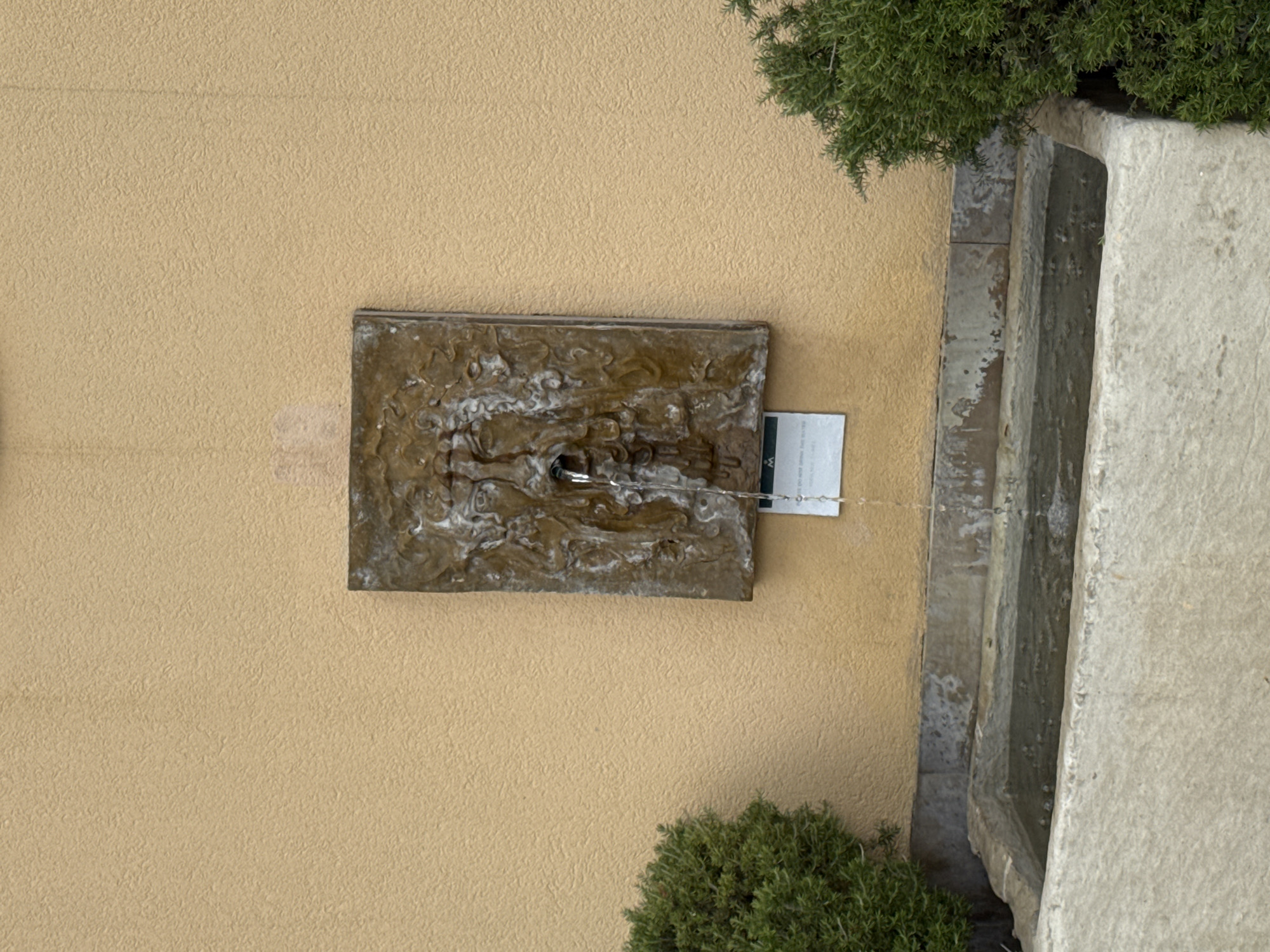 A close, medium-shot, high-angle photograph, taken outdoors, depicts a wall-mounted, bronze-colored fountain with an inscribed, rectangular design, positioned against a tan stucco wall. Water streams from the fountain’s nozzle into a rectangular stone trough located to the right of the fountain. A white paper sign is visible behind the fountain. Two small bushes are located to the right, one is above the trough and one is below. The photograph was taken in Tivat, Montenegro.