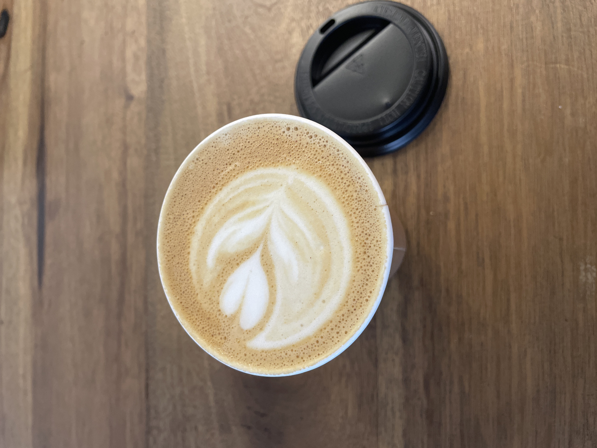 An overhead shot captures a freshly prepared latte in a white disposable coffee cup, placed on a warm-toned wooden table. The coffee features intricate latte art, depicting a stylized leaf design that transitions into a heart shape at the base, set against a rich, caramel-colored foam with numerous tiny bubbles.
To the upper right of the coffee cup, a black plastic disposable lid is resting, slightly angled. The lid has a raised drinking spout and a push-tab closure. Clearly visible embossed text around the rim of the lid spells out "CAUTION HOT."
The wooden table surface, which serves as the background, exhibits a distinct grain pattern with varying shades of brown, contributing to a natural and inviting atmosphere. The lighting is soft and even, highlighting the textures of the coffee foam and the wood. The overall scene suggests a leisurely moment, possibly in a cafe in Buenos Aires, Argentina, perfect for enjoying a warm beverage.