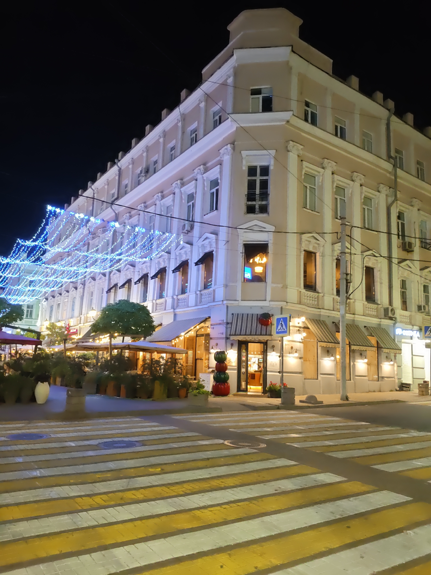 The image depicts a street scene at night in Rostov-on-Don, Russia, specifically on Pushkinskaya Street. A multi-story building with light-colored facade, adorned with decorative moldings and windows, dominates the background. Blue string lights are draped across the street in front of the building, illuminating the area. The ground level of the building features several establishments with awnings, outdoor seating areas, and illuminated windows, suggesting cafes or restaurants. In the foreground, a pedestrian crossing with yellow and white stripes is visible on the paved street. Several potted plants and a white decorative pot are placed along the sidewalk, adding greenery to the urban environment. The scene is quiet, with no people clearly visible.