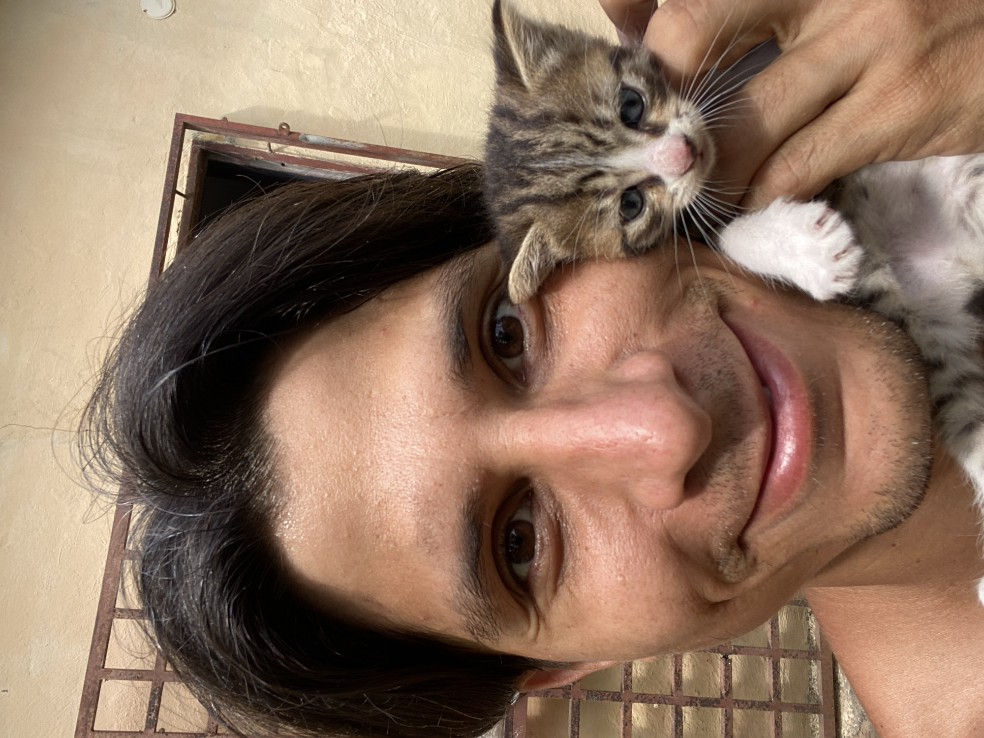 A close-up, portrait-style photograph depicts a man holding a kitten near his face. The man has dark hair and brown eyes, and a slight stubble beard is visible. He is smiling slightly. The kitten, a tabby with a white patch on its face and white paws, is being held by the man's hands. The background includes a cream-colored wall and a metal grate or fence. The location, Los Velásquez, Venezuela, is not discernible from the visual information within the image.