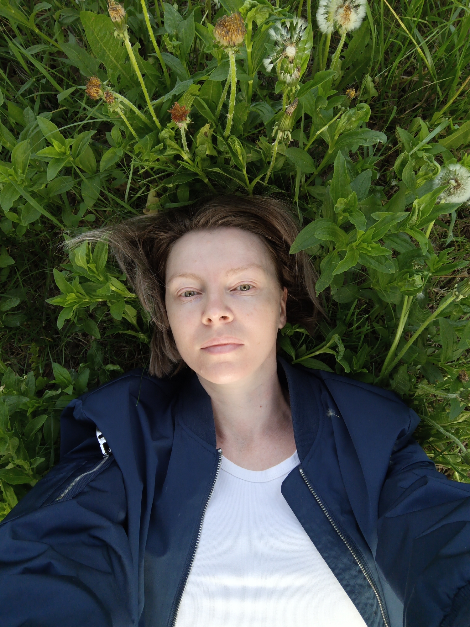 A fair-skinned woman with short brown hair is lying on her back in a field of green grass and dandelions. Some of the dandelions are in seed, while others are spent. The woman is wearing a white t-shirt and a blue bomber jacket. She is looking directly at the camera. There is nothing to indicate that the image was taken in the city of Chaikovsky, Russia.