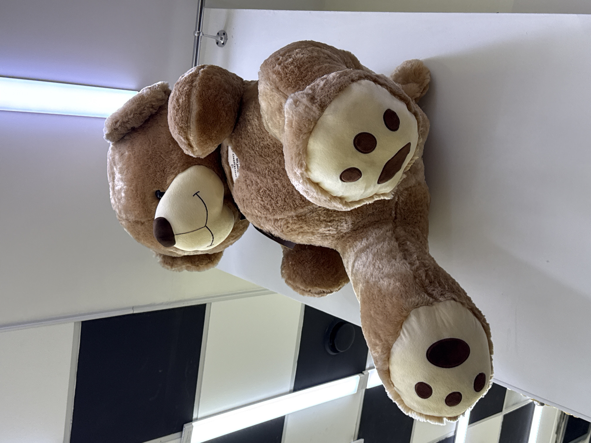 An extreme low-angle, slightly tilted medium shot shows a large, plush teddy bear with light brown fur, propped up against a white wall. The teddy bear is positioned on its back, with its legs extended upward and to the left. Its left paw is in the foreground, displaying three dark brown oval toes and one larger dark brown oval heel. The bear's body is soft and rounded, with its head tilted slightly back. A dark brown ribbon is tied around its neck. The bear has a stitched smile and two black button eyes. A small white tag with black text is visible on its chest.
The background features a stark black and white checkered pattern on the ceiling, with bright fluorescent light fixtures running horizontally. These fixtures emit a cool, bluish light. The wall the bear is leaning against is plain white. A small circular vent is visible in the black square of the ceiling. A silver hook is mounted on the white wall to the right of the teddy bear's head. The image appears to have been taken in an indoor space, possibly a store or a room with a decorative ceiling. The location is not explicitly identifiable as being in Moscow, Russia, based on the visual information provided.