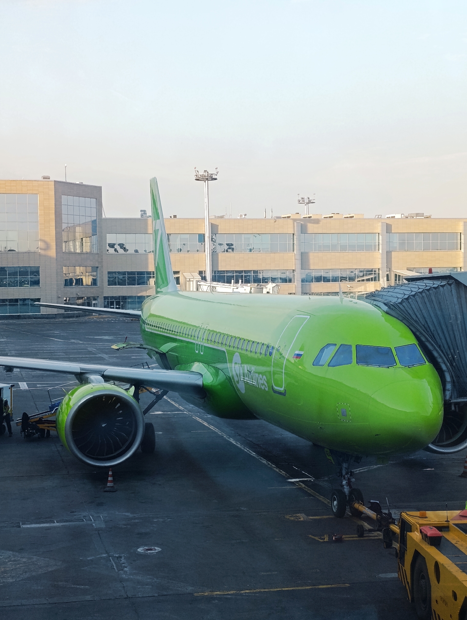The image shows a bright green airplane with the "S7 Airlines" logo on its fuselage, parked at an airport gate. The plane is connected to a jet bridge. In the background, a modern airport terminal building with large windows is visible. Several airport vehicles, including a yellow tug, are present on the tarmac. The scene appears to be at Domodedovo Airport (DME) in Moscow, Russia, given the S7 Airlines branding and the typical airport environment. The sky is clear and bright, suggesting daytime. No people are clearly visible or prominently featured in the scene. The focus is on the aircraft and its immediate surroundings at the gate.
