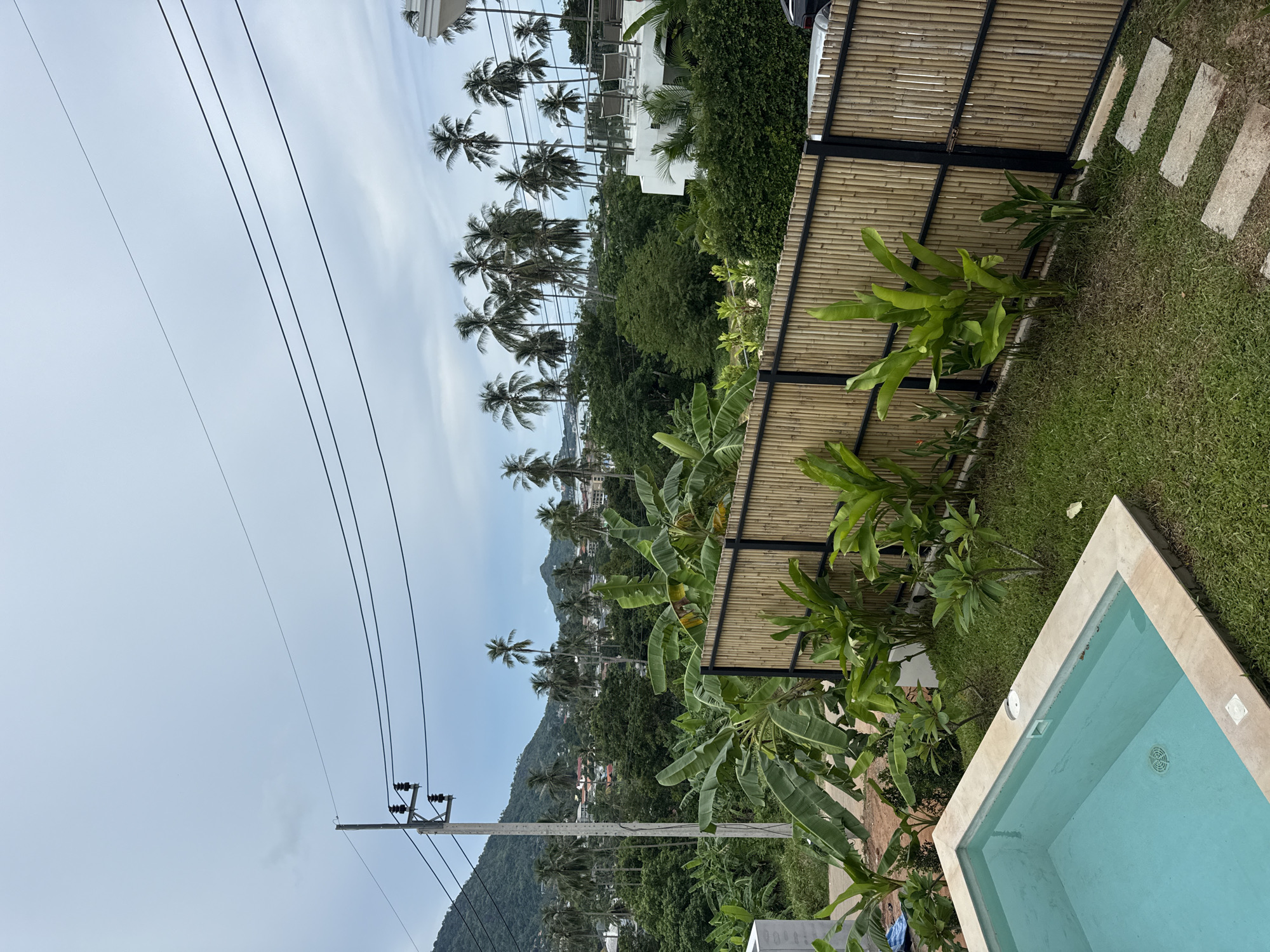 The image depicts an outdoor scene with a swimming pool in the foreground, adjacent to a lush garden. A bamboo fence with a black metal frame separates the garden from the pool area. Beyond the fence, a dense jungle with numerous palm trees stretches towards a hillside. In the distance, buildings are visible amidst the greenery, suggesting a residential or resort setting. Power lines are present in the sky, crossing over the landscape. The sky is overcast, indicating a cloudy day. The overall impression is of a tropical environment, likely in Thailand, given the location context. There is no visible text in the image, and no people or specific activity are apparent, focusing instead on the natural and built environment. The scene evokes a sense of tranquility and a tropical getaway.