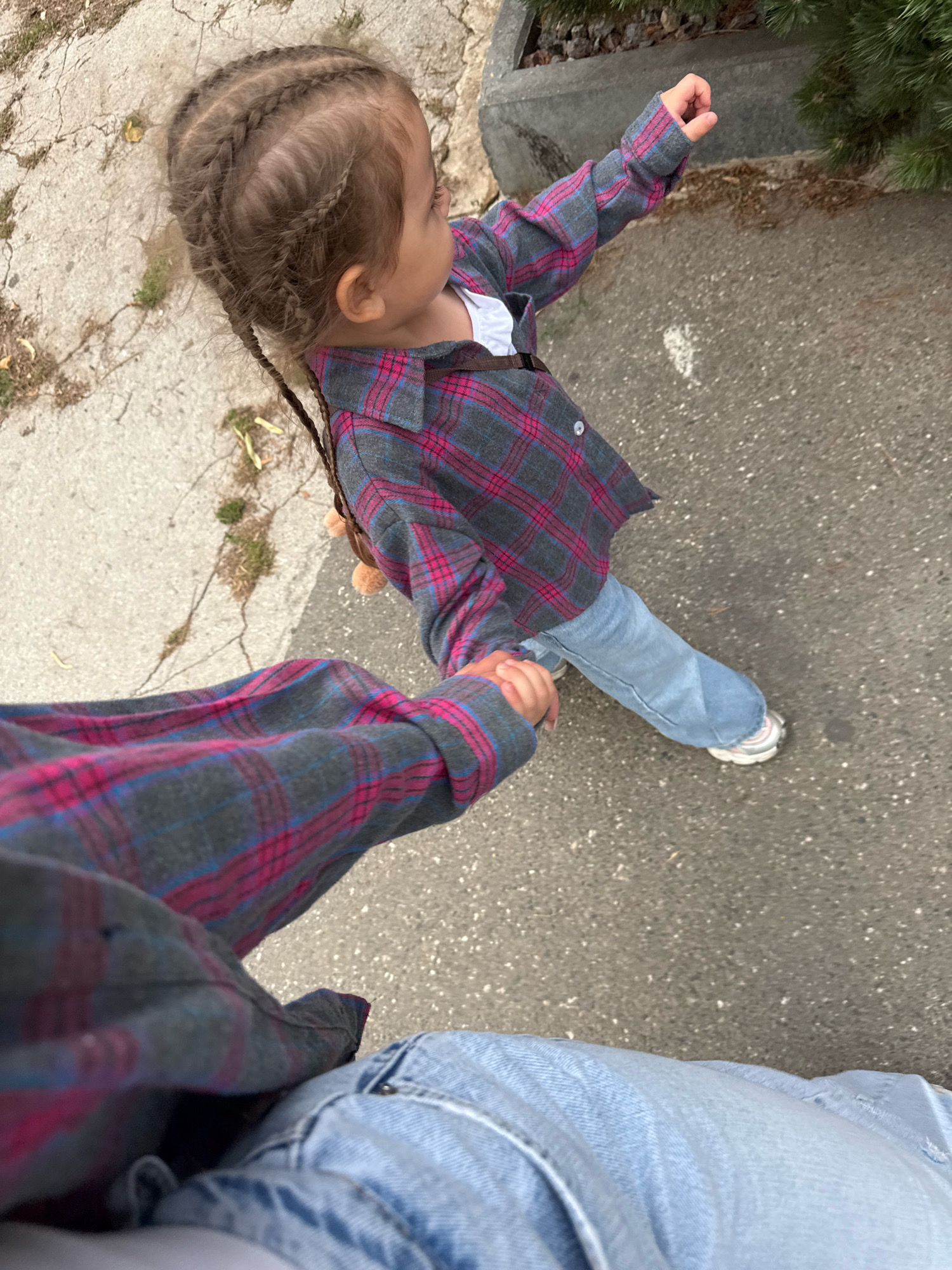 The image shows a close-up, overhead view of a person holding the hand of a young child. Both are wearing plaid shirts and denim jeans. The child has their hair braided and is looking off to the right. They appear to be walking on a paved surface, possibly a sidewalk, with some patchy grass and dirt to the left. The scene is outdoors, with a stone planter and some greenery visible in the background. The overall lighting suggests it is daytime.