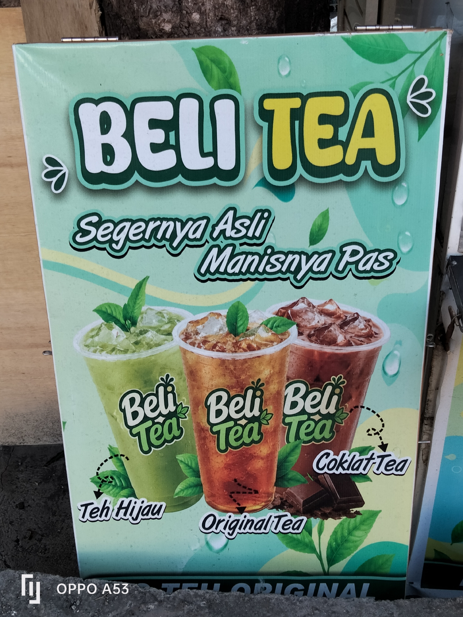 A vertical, close-up shot captures a colorful sign for a tea vendor, likely in Denpasar, Indonesia. The sign features large, bold text that reads "BELI TEA" in white with green outlines and yellow with green outlines, respectively. Below this, in a stylized font, are the phrases "Segernya Asli" and "Manisnya Pas," which translate to "Freshly Authentic" and "Sweetly Perfect." The sign displays three cups of iced tea: one green, one amber, and one dark brown, garnished with mint leaves and ice. Text labels identify these as "Teh Hijau" (Green Tea), "Original Tea," and "Coklat Tea" (Chocolate Tea). Chocolate squares are depicted near the chocolate tea. The background is a gradient of light green with water droplets and leafy motifs. The sign appears to be mounted outdoors, with a wooden surface visible at the top and a concrete or asphalt surface at the bottom, suggesting it's placed on a street or sidewalk. The lower left corner of the sign has a watermark that reads "OPPO A53."