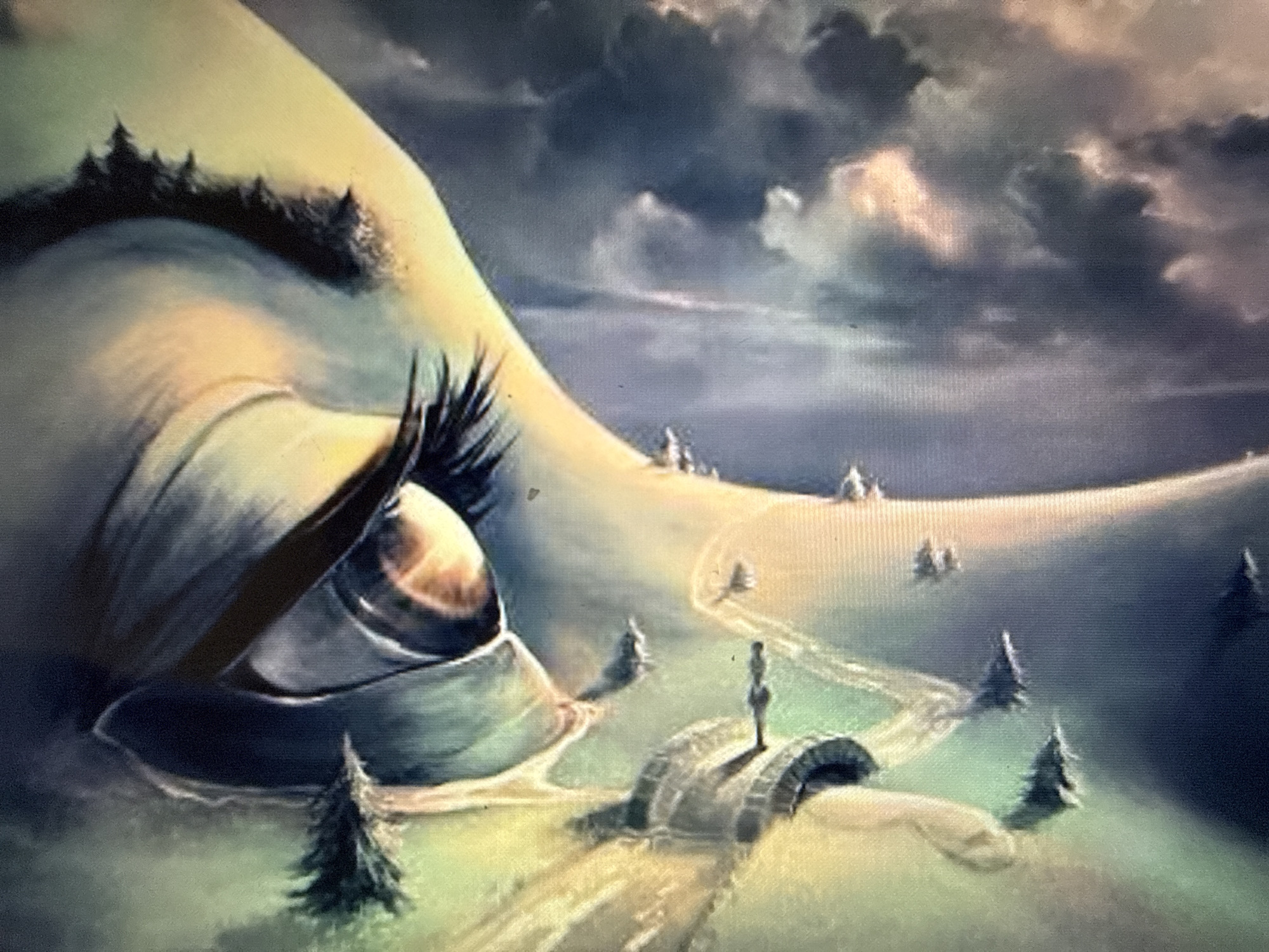 The image depicts a close-up view of a stylized, abstract eye with a stormy, dreamlike background. The eye is rendered with a metallic sheen and appears to be a focal point within the composition. The iris has a swirling, fiery pattern, and the surrounding eye area is outlined with dark, feathery structures resembling eyelashes or possibly stylized clouds.
The background is a blend of dark, turbulent clouds on the left, transitioning into brighter, ethereal greens and yellows on the right. Scattered throughout the background are small, dark, abstract shapes that could be interpreted as flying entities or debris. A thin, crystalline structure, possibly architectural or natural, extends from the upper right towards the eye.
The overall impression is one of intense emotion and surreal beauty, with a sense of unease suggested by the stormy elements. There are no discernible people, specific locations within a city, or clear actions taking place. The image is purely visual and symbolic.