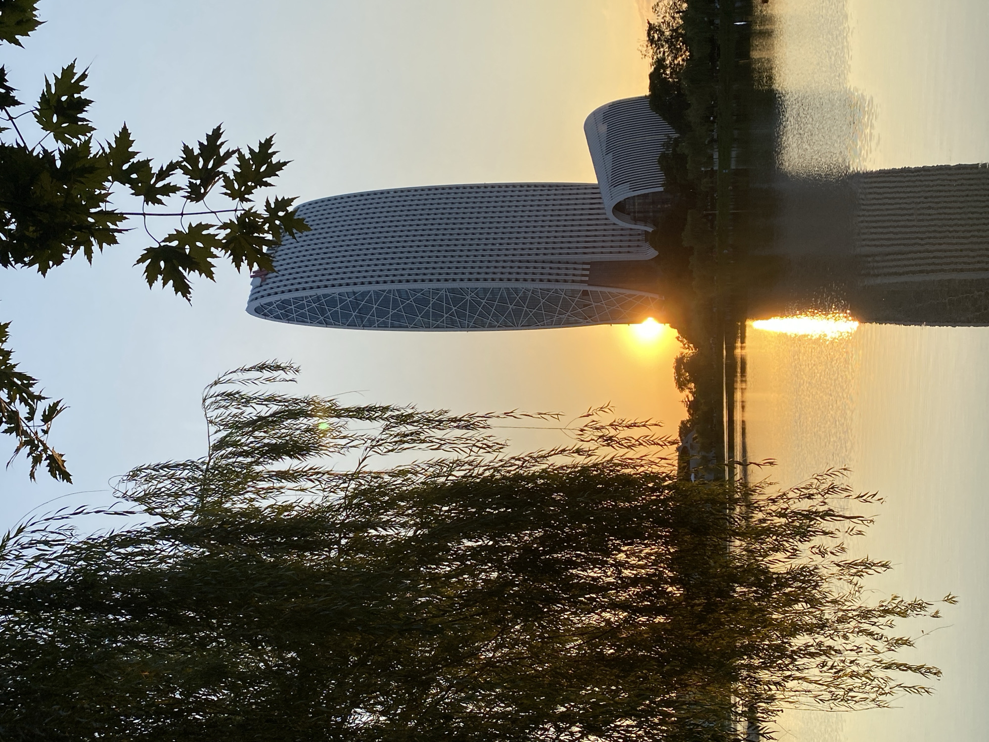 The image depicts a serene sunset over a body of water, likely a lake or a calm river, in Batumi, Georgia. In the background, two modern buildings with distinctive architectural designs stand tall against the warm glow of the setting sun. The taller building is slender and oval-shaped, featuring a white facade with a crisscross pattern. Adjacent to it is a shorter, curved structure with a ribbed appearance.
In the foreground, the drooping branches of a willow tree frame the scene on the left, their leaves silhouetted against the sky. On the right, a branch with maple leaves is also visible, adding a touch of natural contrast to the urban landscape. The water reflects the vibrant colors of the sunset and the surrounding structures, creating a mirrored image that enhances the tranquil atmosphere.
The sun, a bright orange orb, is partially obscured by the horizon, casting a golden light that illuminates the water and the lower portions of the buildings. The sky transitions from a pale blue at the top to a warm orange and yellow near the horizon. There are no visible people or animals in the image, emphasizing the stillness of the moment. The overall impression is one of peaceful coexistence between nature and modern architecture.