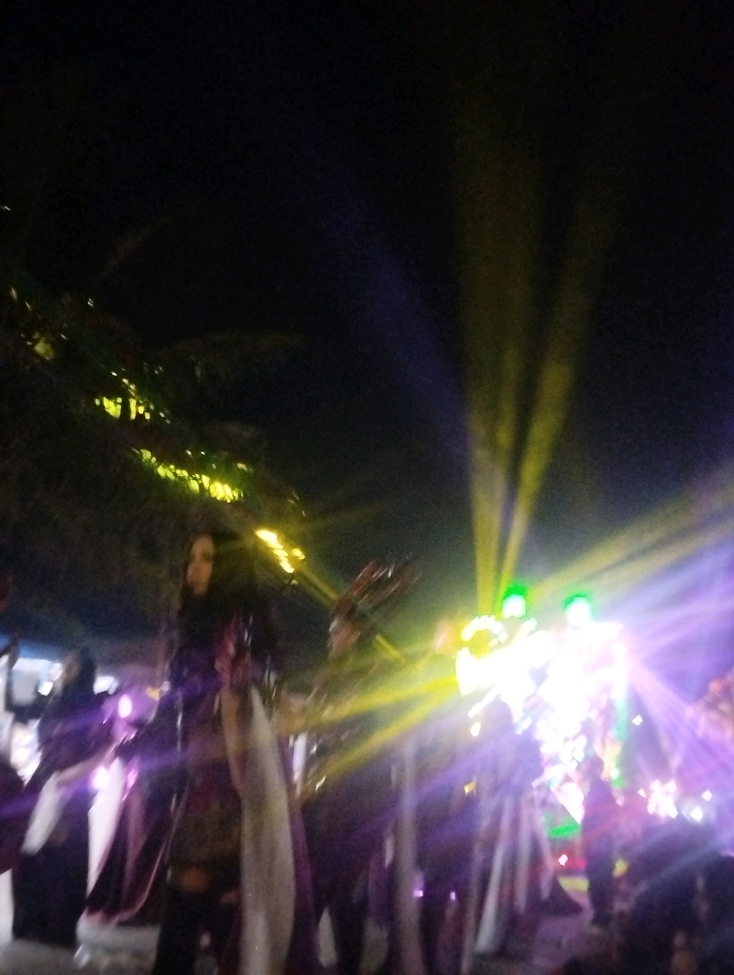 The image depicts a nighttime scene, likely an outdoor event or performance, possibly in the city of Slamparejo, Indonesia. The foreground is dominated by several individuals dressed in what appear to be elaborate costumes or traditional attire, some of which are flowing and draped. The figures are partially obscured by the darkness and the intense lighting effects.
The lighting is a prominent feature of the image, with strong beams of yellow, purple, and green light cutting through the darkness from above and behind the subjects. These lights create a dramatic and somewhat abstract atmosphere, casting rays and illuminating parts of the scene. In the background, there are glimpses of foliage or trees, suggesting an outdoor setting, possibly with palm trees given the tropical context of Indonesia. The overall impression is one of a vibrant, festive, and possibly religious or cultural celebration. The exact nature of the event and the identities of the individuals are unclear due to the low resolution and lighting conditions.