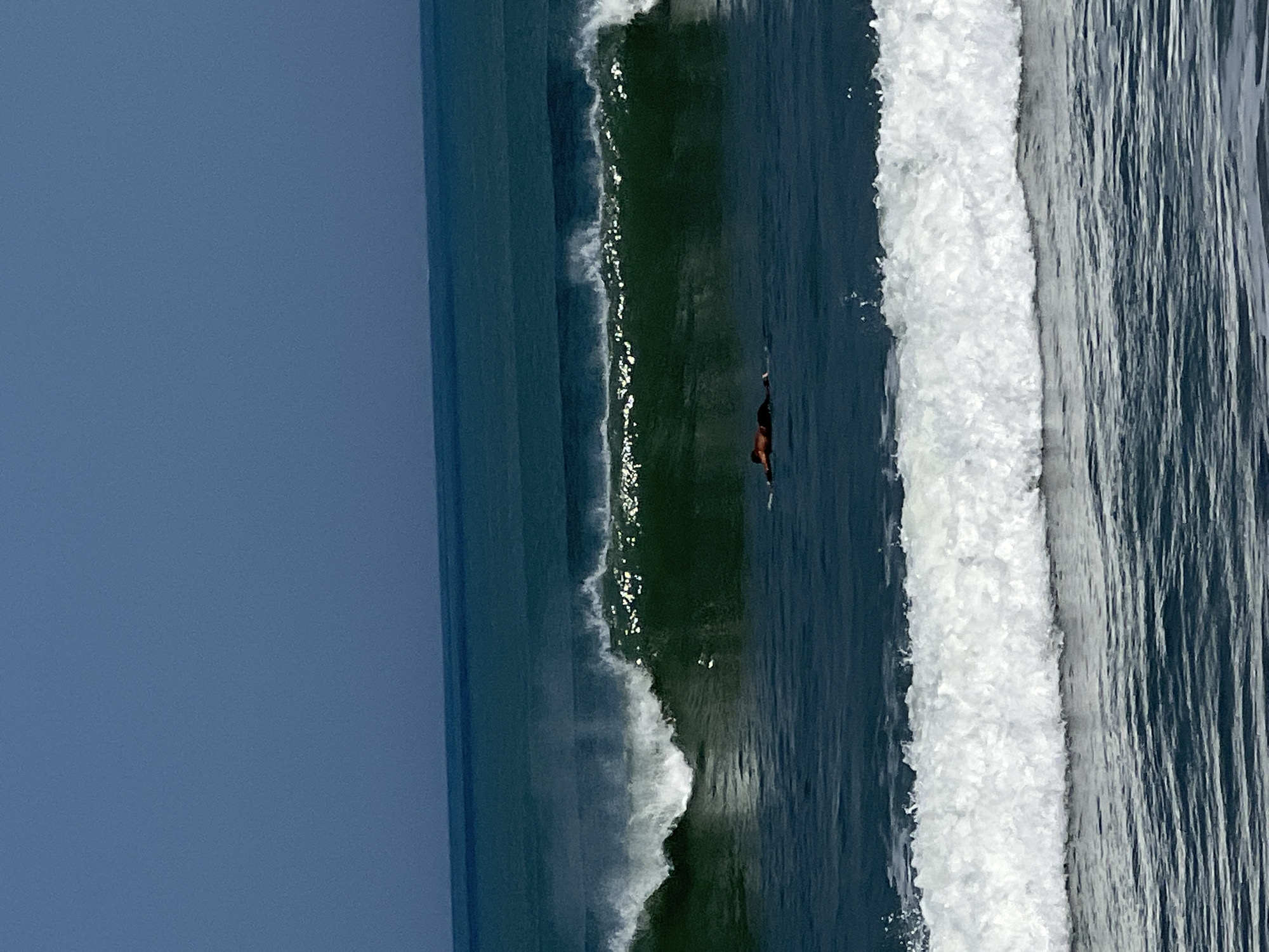 A lone surfer floats on their board in the ocean waters off the coast of Kuta, Indonesia. The surfer, a person wearing a dark orange rashguard, is positioned on their stomach, facing towards the left side of the frame. They are amidst a series of ocean waves, with a large, dark green wave breaking in the mid-ground, its crest foaming white. A smaller, white-capped wave is visible in the foreground. The ocean surface is a deep blue-green, reflecting the clear, pale blue sky above. The horizon line, where the ocean meets the sky, is sharp and distinct. The image captures a serene moment of a surfer waiting for a wave in a tropical ocean setting.