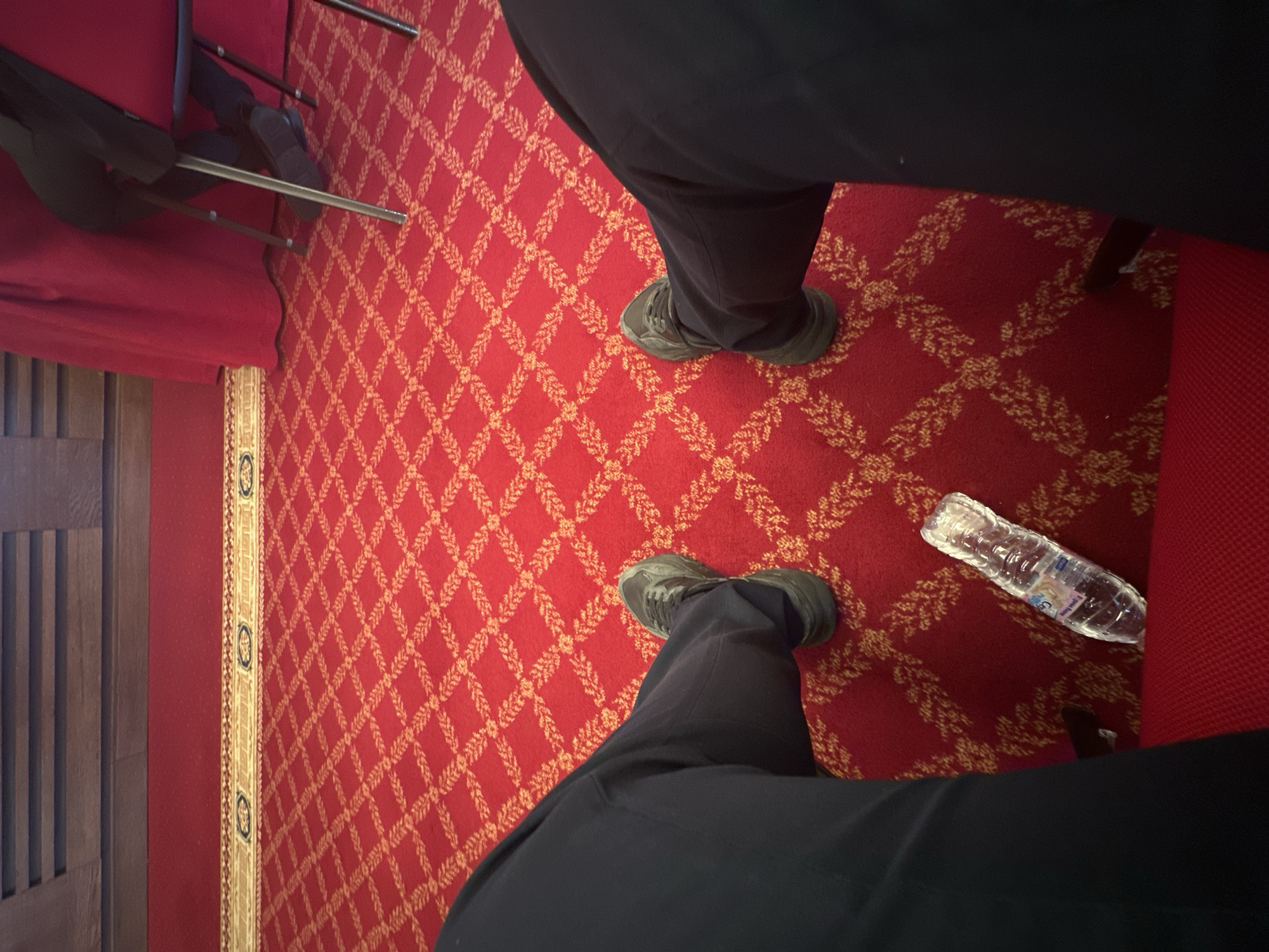 The image shows a downward-angled view of a red and gold patterned carpet in what appears to be an interior space. Two pairs of feet, wearing dark grey or olive-colored sneakers and dark trousers, are visible. A plastic water bottle lies on the carpet near the lower right corner. A red draped object and a chair leg are visible near the top left corner. A wooden structure is partially visible along the left edge. The location is not possible to determine from the image but is stated to be in the city of Sofia, Bulgaria.