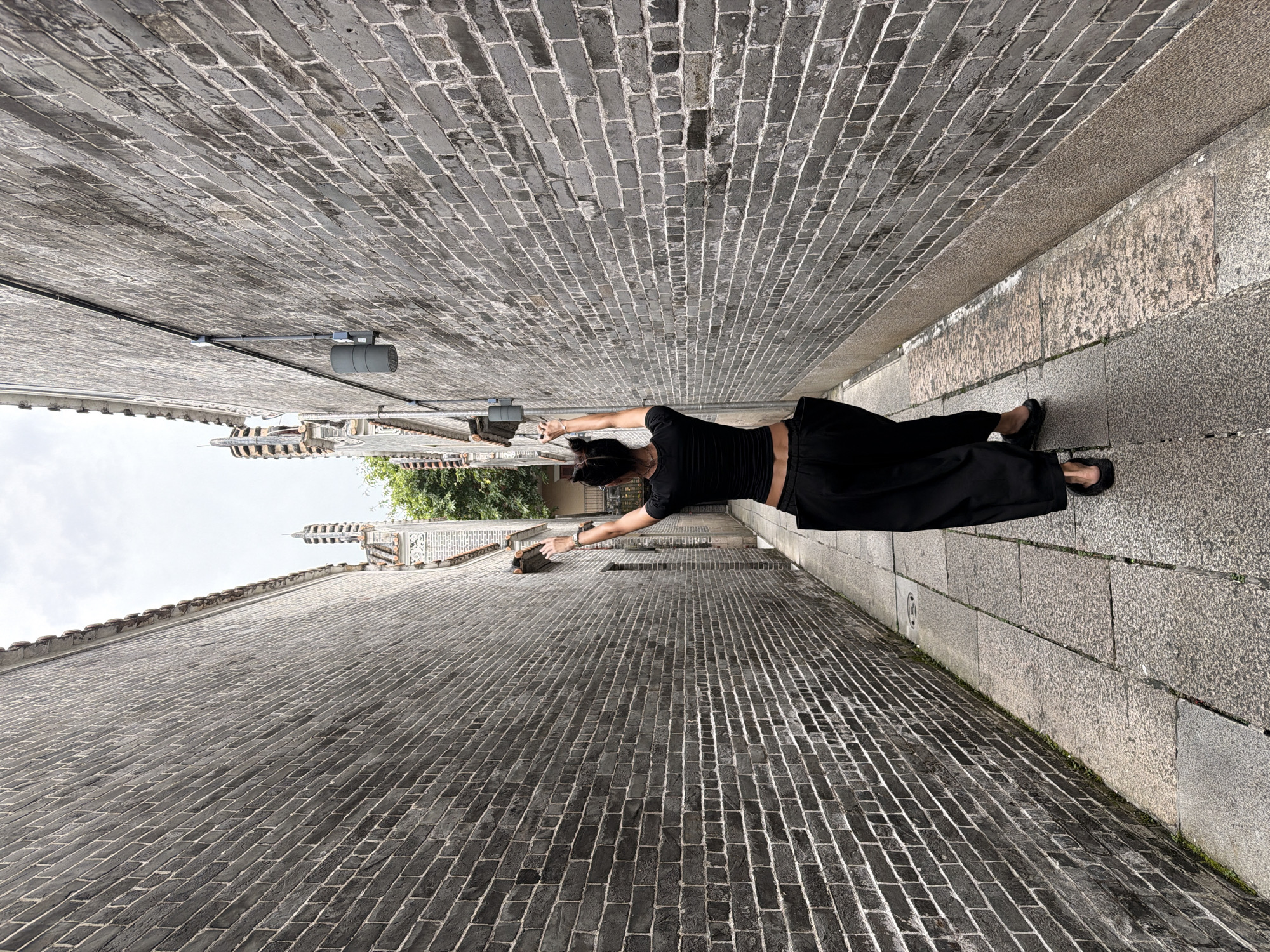 A person with black hair styled into two buns is walking away from the camera down a narrow alleyway paved with stone. The person is wearing a black crop top and loose black pants. Their arms are raised in the air, and their hands are open. The alley is flanked by tall, grey brick walls. On the right wall, a grey electrical conduit runs vertically, with a grey light fixture attached. In the background, glimpses of traditional Chinese architecture with decorative eaves and tiered elements can be seen. The sky above is overcast. The scene is likely located in Chancheng District, China, given the architectural style.