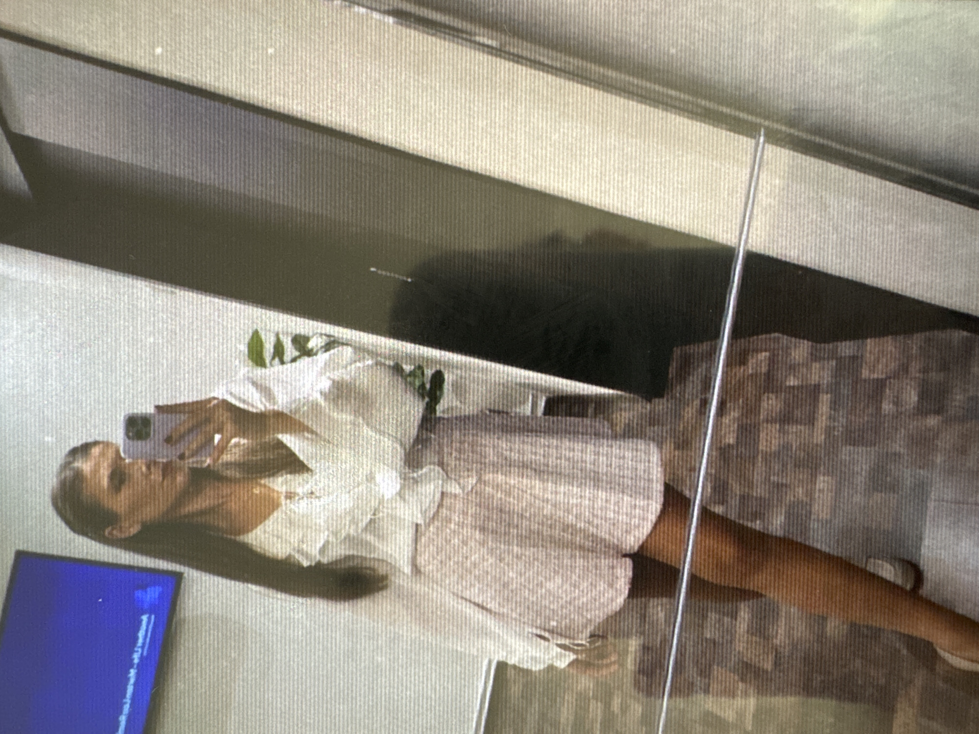 An indoor scene within the city of Vratsa, Bulgaria, captured via a photograph of a screen, indicated by prominent horizontal line artifacts across the entire image. The primary subject is a female, approximately in her 20s or 30s, with long, straight, dark brown hair, styled with portions pulled back from her face. She is depicted from the mid-thigh up, taking a mirror selfie with a light purple-cased smartphone held in her right hand, partially obscuring her face. Her visible left hand is at her side. She wears a white, long-sleeved blouse featuring ruffles on the chest and cuffs, paired with light pink or pale rose-colored shorts that have a subtle textured or patterned fabric. A light-colored shoe or flat is visible on her left foot.
The subject is reflected in a large, full-length mirror, which occupies the right half of the image. The environment behind the subject includes a large, wall-mounted screen displaying blue light and unreadable white text in the upper left background. To the right of the subject's reflection (viewer's left), a small potted green plant is partially visible. The floor features a geometric pattern of brown and beige tiles. A thin, silver-colored metal railing or bar runs horizontally across the lower third of the image, in front of the subject's legs. The walls are light-colored, possibly white or light grey, with varying textures.