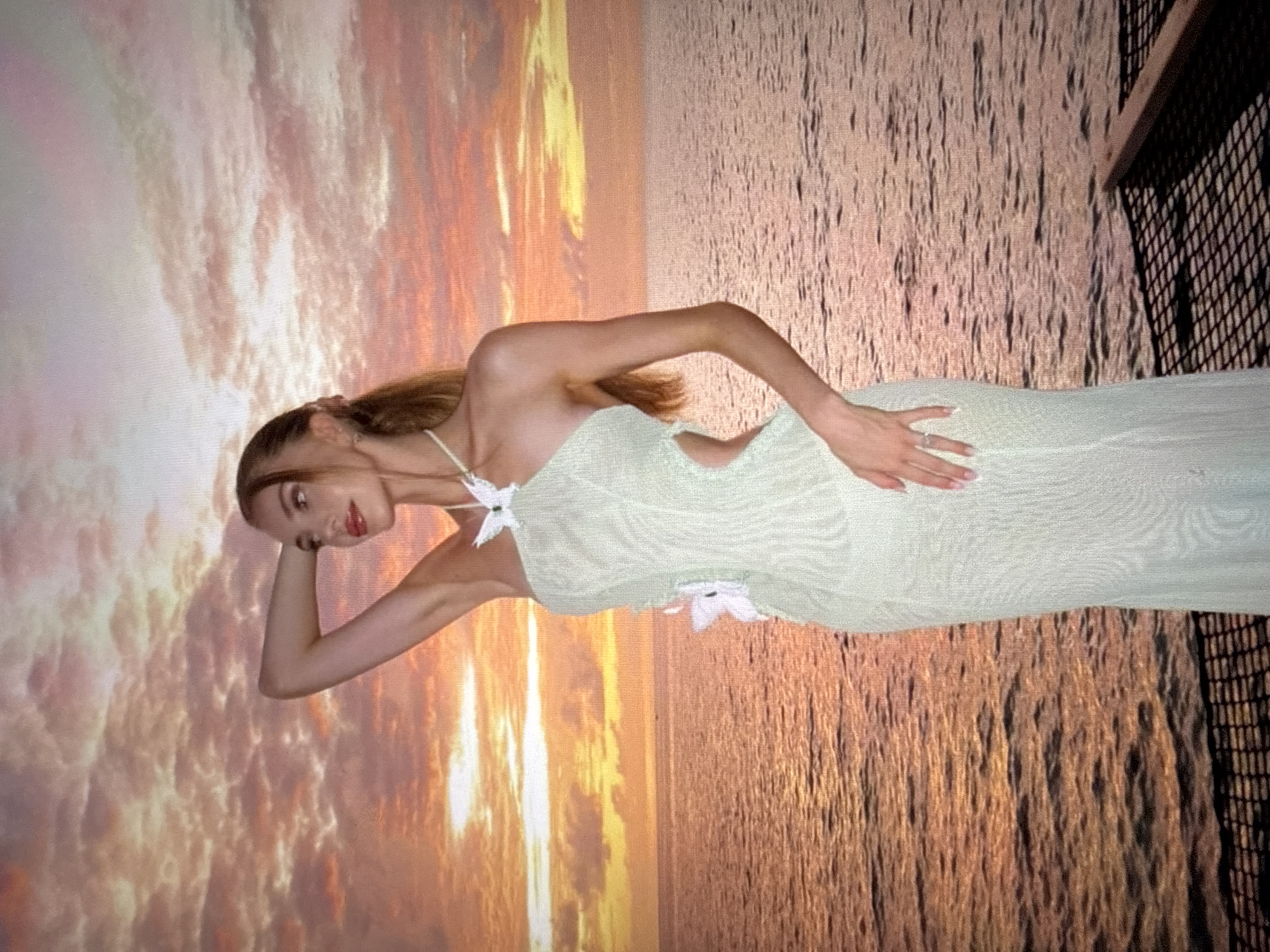 A young woman with blonde hair pulled back in a ponytail stands on a grate walkway near the water, looking to her left. She is wearing a light green, sleeveless, floor-length dress with cutouts at the waist and white butterfly appliques on the chest and hip. The background features a sunset with orange, pink, and yellow clouds over a body of water. The scene appears to be staged, as the sunset is a backdrop. There is no indication of the city of Găvănoasa, Moldova, in this image.