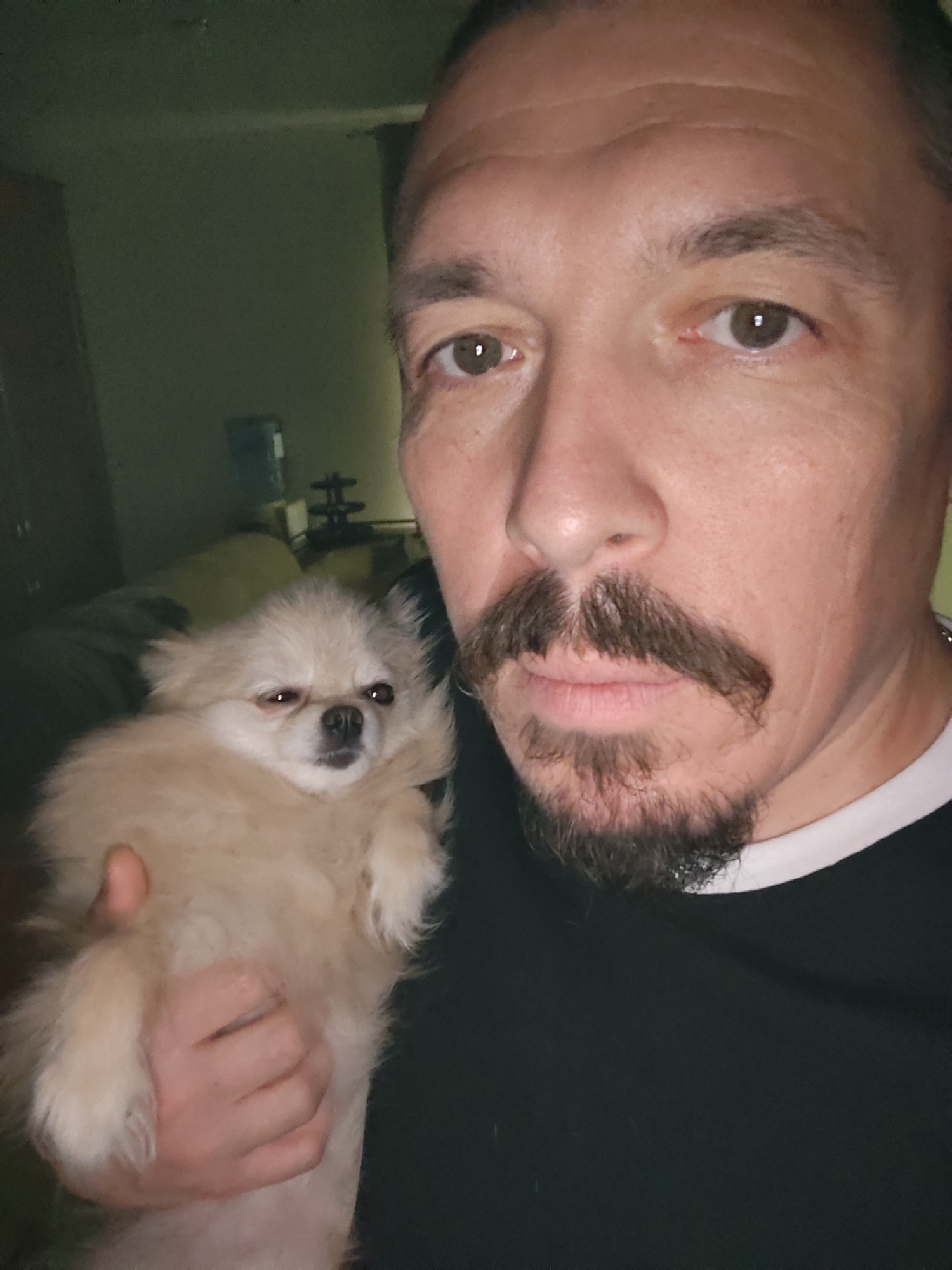 A man with a mustache and goatee holds a light-colored Pomeranian dog in his left arm, which is partially visible in the lower left of the frame. The man is looking towards the camera with his eyes partially closed, and his face occupies the right half of the image. The dog is facing the camera with its eyes open and its mouth slightly agape. The background is dimly lit and appears to be an indoor setting, possibly a bedroom, with a bed and a dark piece of furniture or wall visible. The scene is located in the city of Ягодное, Russia.