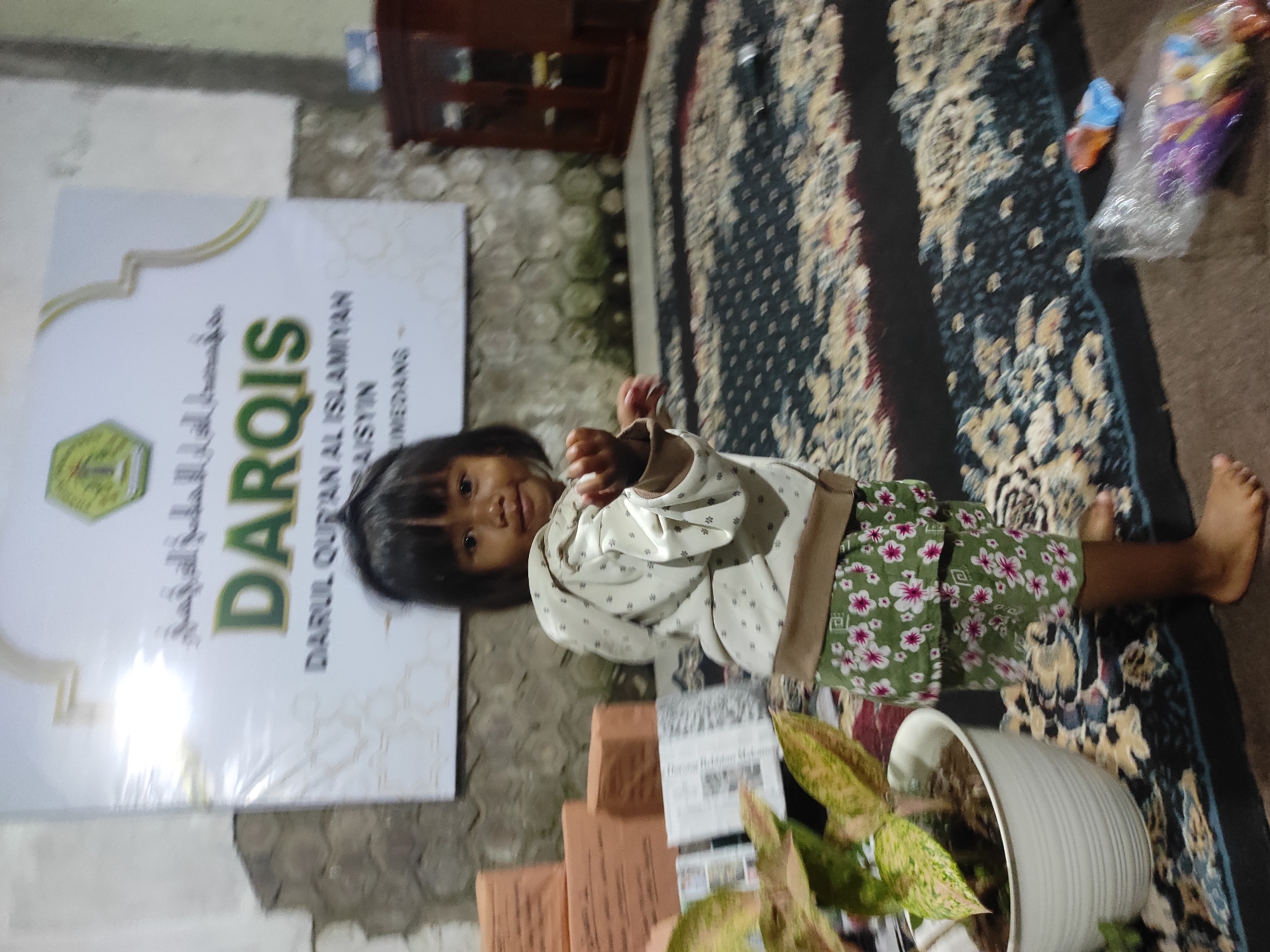 A young girl stands on a rug in what appears to be a room with a stone wall. She is wearing a light-colored hooded jacket with small dark polka dots and a pair of green shorts with a floral pattern. The girl is barefoot and facing the camera with her hands slightly raised. Behind her, a banner with Arabic script and the word "DARQIS" in large green letters is displayed. Text below "DARQIS" reads "DARUL QURAN AL ISLAMIYAH" and "RAISYIN SUMEDANG". To the left of the girl is a potted plant with variegated leaves in a white pot. Stacked bricks are visible behind the plant. To the right of the girl, a wooden cabinet and a portion of the rug are visible. The rug has a dark background with an intricate patterned design. In the foreground on the right side of the rug, a plastic bag contains colorful items, possibly candies or toys. The lighting suggests an indoor setting, possibly during the evening. The scene is located in Sumedang, Indonesia.