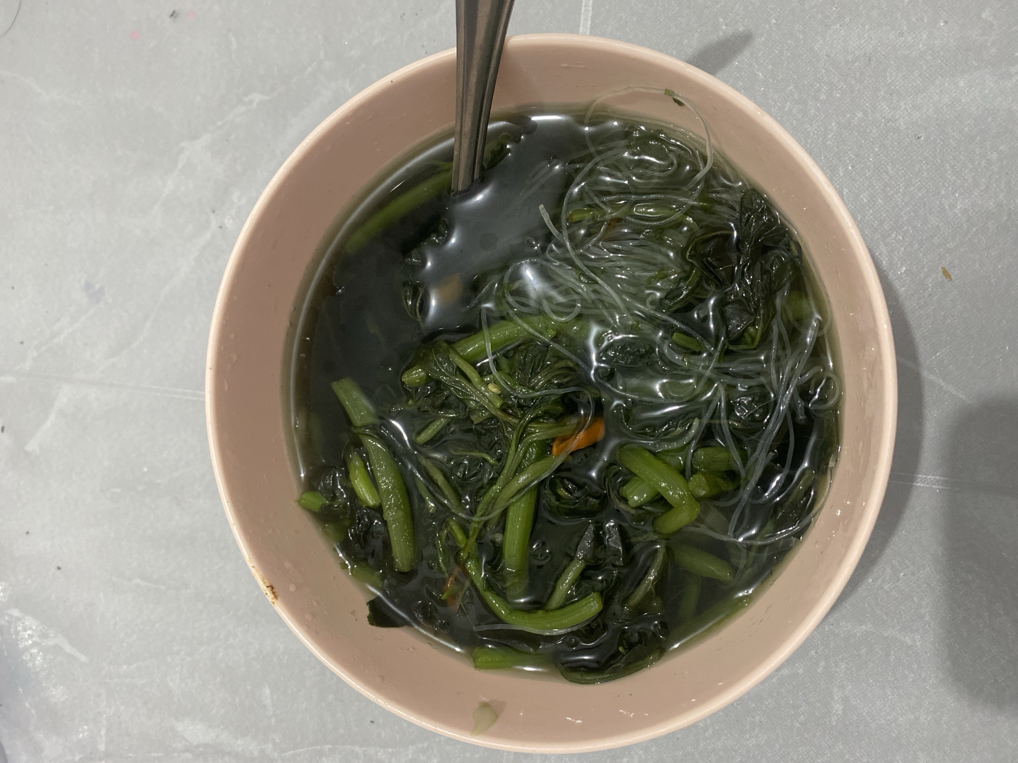 The image shows a close-up, overhead view of a bowl of soup containing green vegetables and thin, translucent noodles. The bowl is light pink and sits on a gray, tiled surface. A metal spoon is visible in the upper right portion of the bowl, partially submerged in the dark broth. The soup appears to be a simple, home-cooked meal, possibly a vegetable soup with glass noodles. The lighting is even, suggesting it was taken indoors. There are no people visible in the image.
While this image depicts food, there is no information within the image itself that allows for a definitive determination of its location in Banjarbaru, Indonesia. The scene is domestic and generic, offering no specific visual cues or landmarks to pinpoint a particular city or country.