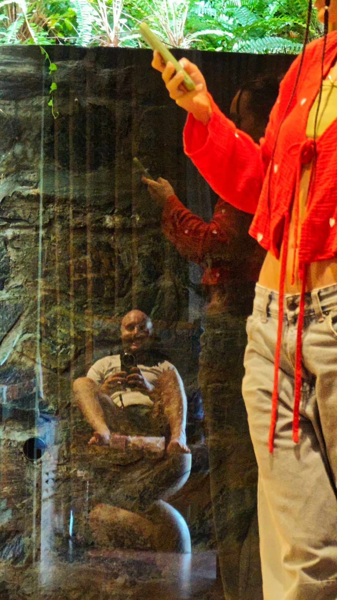 The image presents a layered scene, primarily captured through a reflective surface, located in the city of Mu Cang Chai, Vietnam. On the right side of the frame, a person is partially visible from the upper torso to the mid-thighs, wearing a bright red, long-sleeved jacket with white patterns, open over a yellow top, and light-colored jeans. This individual's right arm is raised, holding a slender green object vertically in the hand. Red strings or ties hang from their attire.
In the reflection, prominently positioned in the left-center, a bald man is seated, looking forward with a slight smile. He wears a white t-shirt and holds a black smartphone or small camera in both hands, pointed towards the viewer. His reflection is visible from his head to approximately his knees.
The background visible through and behind the reflection consists of a dark, textured wall, resembling rough stone or concrete, exhibiting subtle vertical striations. A small, dark circular opening is present on the lower left portion of this wall. Above the wall, vibrant green foliage and various plants are visible, suggesting an outdoor or plant-filled environment.