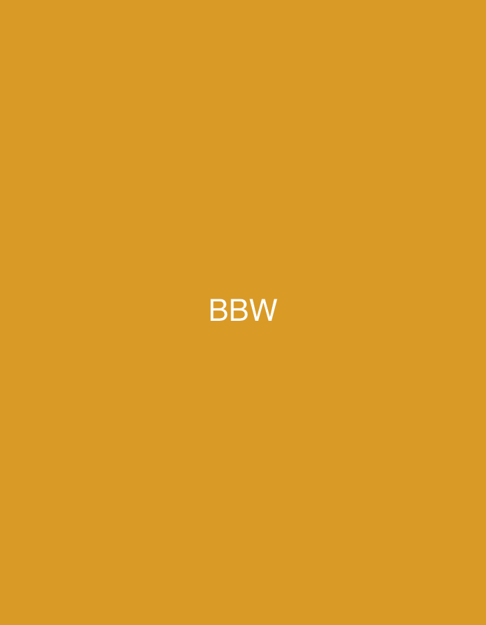 The image displays a solid, uniform background in a mustard yellow color. Centered on this background are three uppercase, sans-serif letters: "BBW", rendered in white. No other subjects, objects, or environmental details are discernible. The image does not depict a specific scene, people, actions, interactions, or a geographic location such as Casablanca, Morocco.