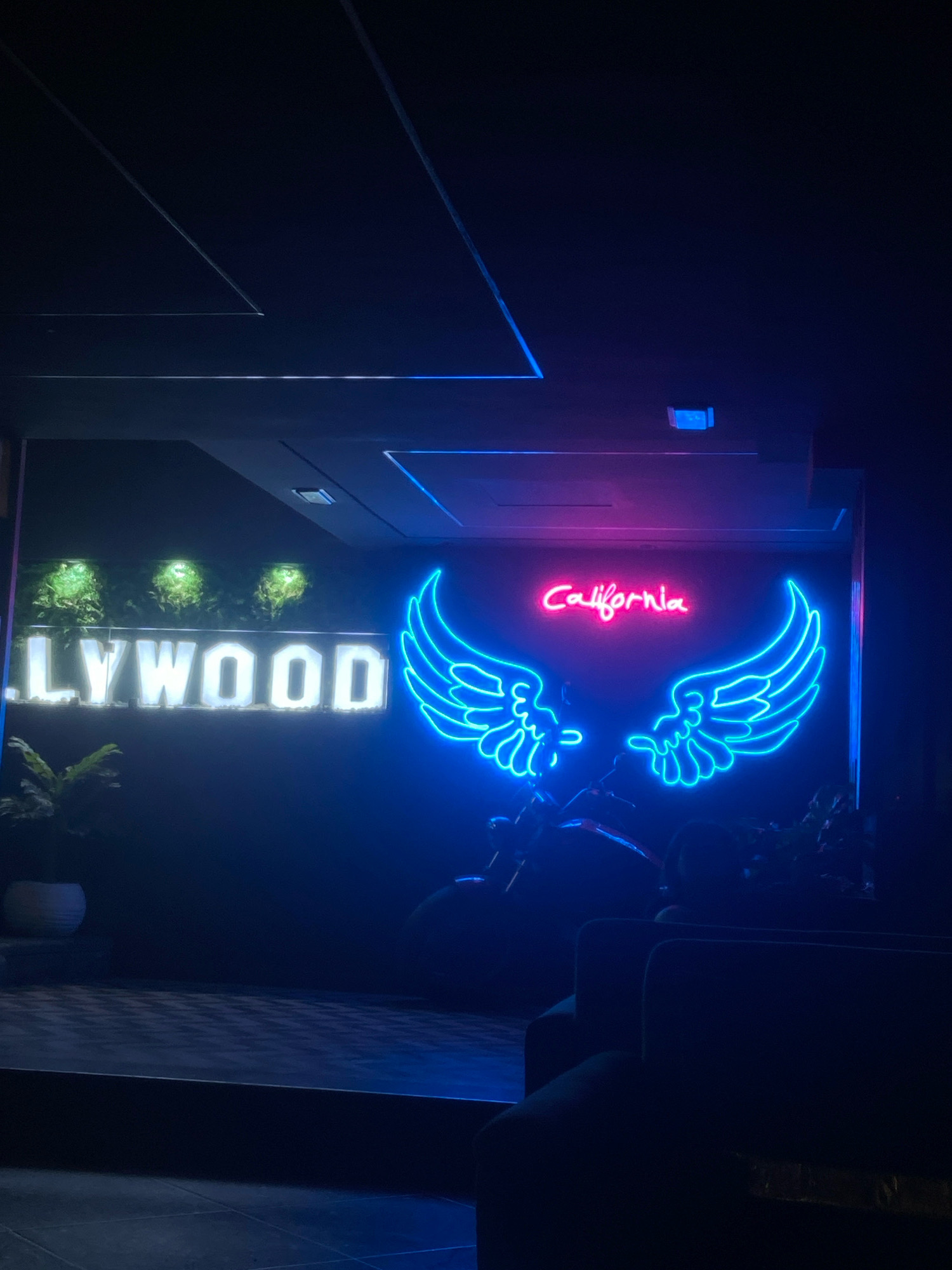The image depicts a dimly lit interior space, likely a bar or lounge, with prominent neon signage. A large, illuminated sign reads "LYWOOD" in white block letters, positioned above a series of three small, potted plants that are lit from above. To the right, a bright blue neon sign forms a pair of angel wings, and above it, in pink neon script, is the word "California". The background appears to be a dark wall, with the neon lights casting a vibrant glow. In the foreground, a motorcycle is partially visible, bathed in blue light, and beyond that, several dark upholstered seats are arranged, suggesting a seating area. The overall ambiance is atmospheric and modern, with a focus on neon aesthetics. No people are visible in the image. The location is identified as the city of Meknes, Morocco.