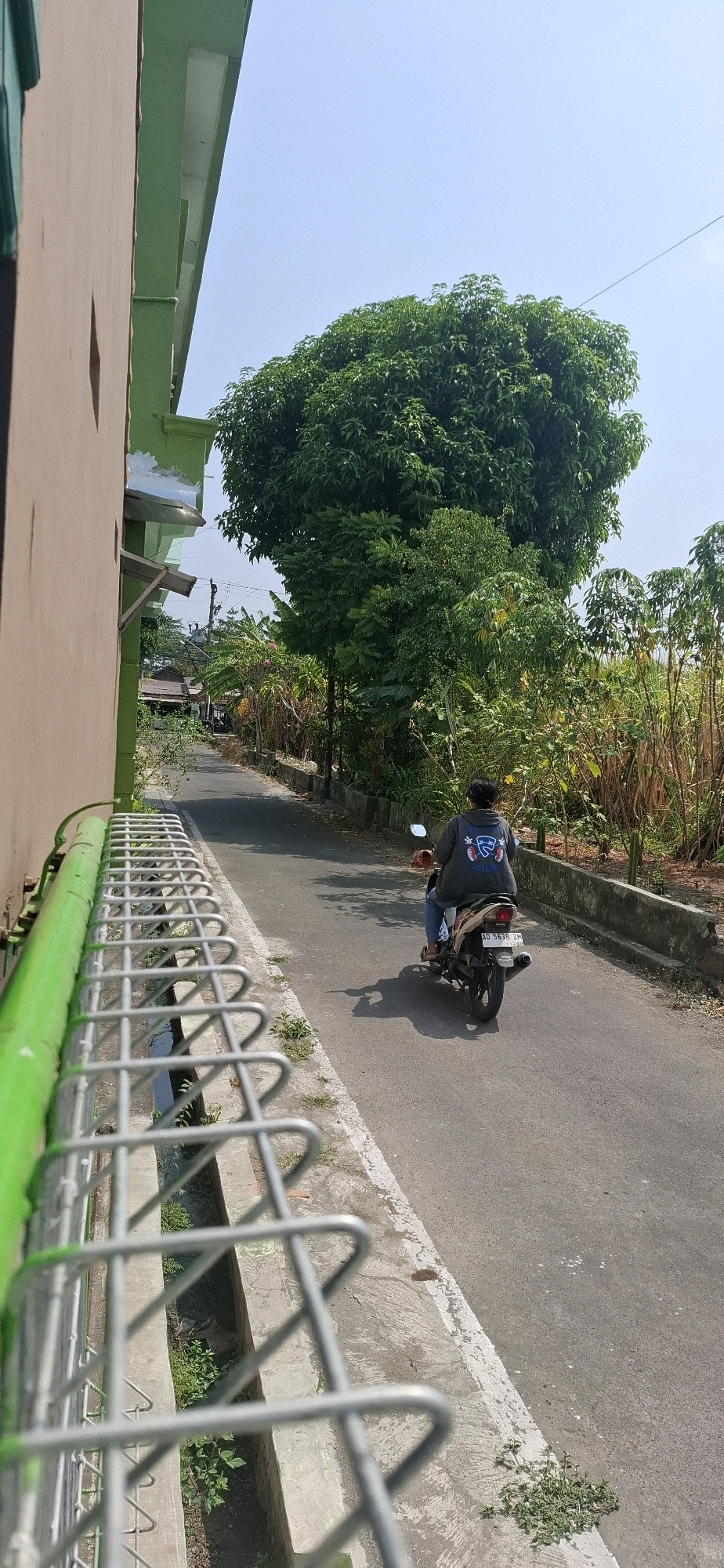 The image shows a person riding a motorcycle down a paved road in Desa Gagaksipat, Indonesia. The road is lined with a concrete drainage ditch on the left and lush green vegetation on the right. A building with a green trim is visible on the far left, and a large, dense tree dominates the background. The sky is clear and blue. The motorcycle has a license plate that reads "AD 5638 ZH".