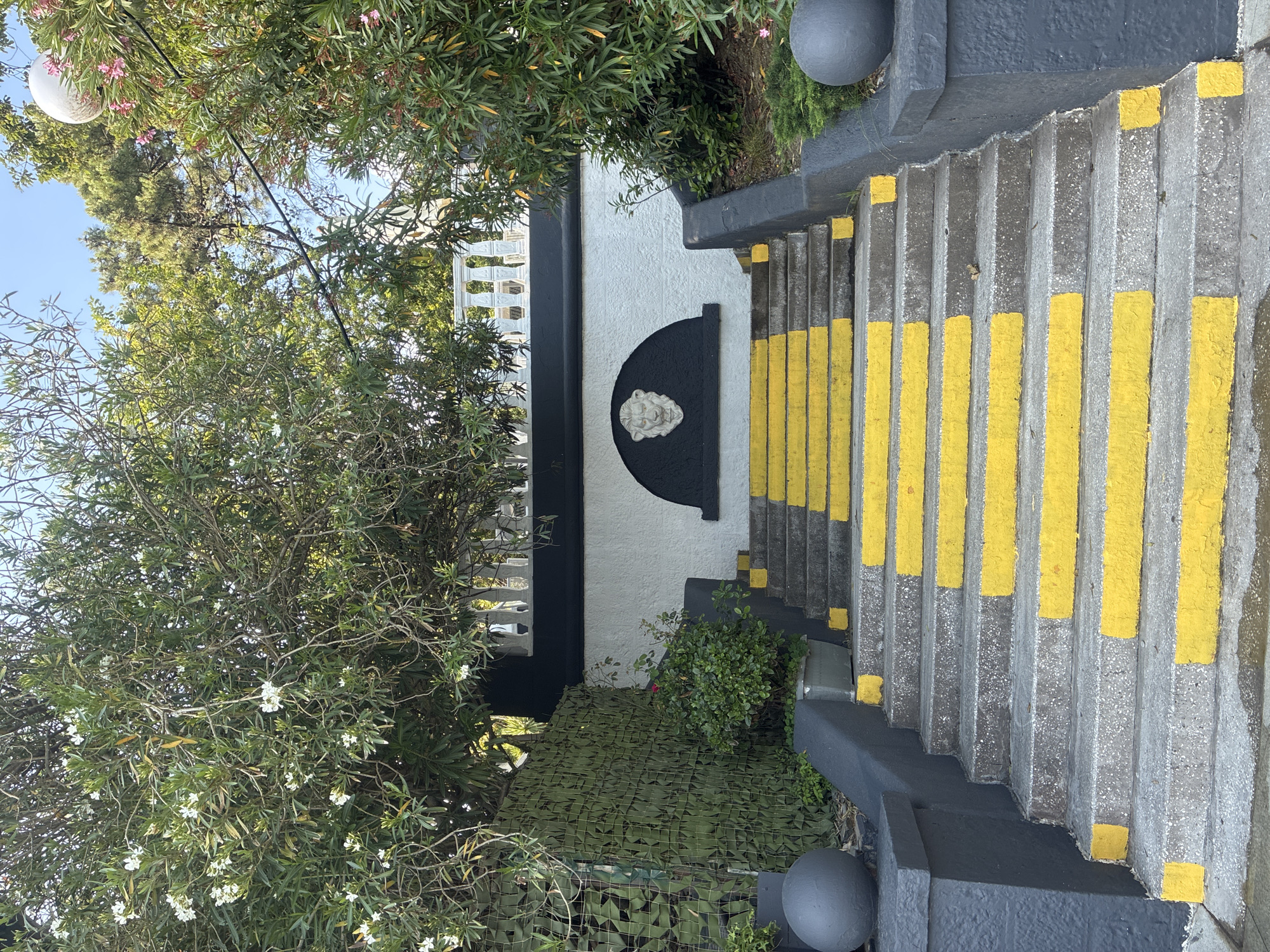 This media file shows a set of outdoor stairs with yellow markings on the risers, likely for safety. The stairs are made of concrete and are flanked by dark gray painted railings with spherical finials. Lush green foliage, including trees with white flowers and pink blossoms, surrounds the stairs and the adjacent white wall. A small patch of green camouflage netting is visible at the bottom of the stairs. Above the stairs, on the white wall, there is a black semi-circular decorative element with a white lion's head relief. The sky appears clear and blue, suggesting it is daytime with fair weather. The scene depicts an outdoor staircase in a garden or park-like setting, possibly a residential area or a public space, in Sochi, Russia. There is no visible text. The overall impression is one of a well-maintained, slightly ornate outdoor area.