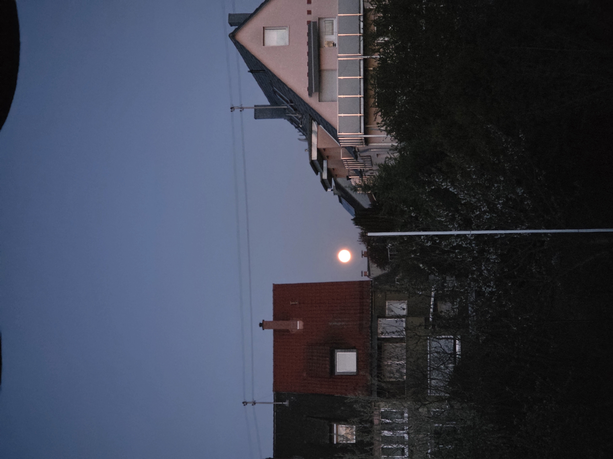 The image depicts a night scene in Ludwigshafen am Rhein, Germany. Two buildings are visible against a blue sky with a visible full moon. The building on the top has a light pink facade with multiple balconies, while the one on the bottom has a red tiled roof with a chimney. The presence of bare trees indicates it may be late autumn or winter. Power lines are visible extending across the sky. The overall impression is a quiet residential area at dusk or dawn.